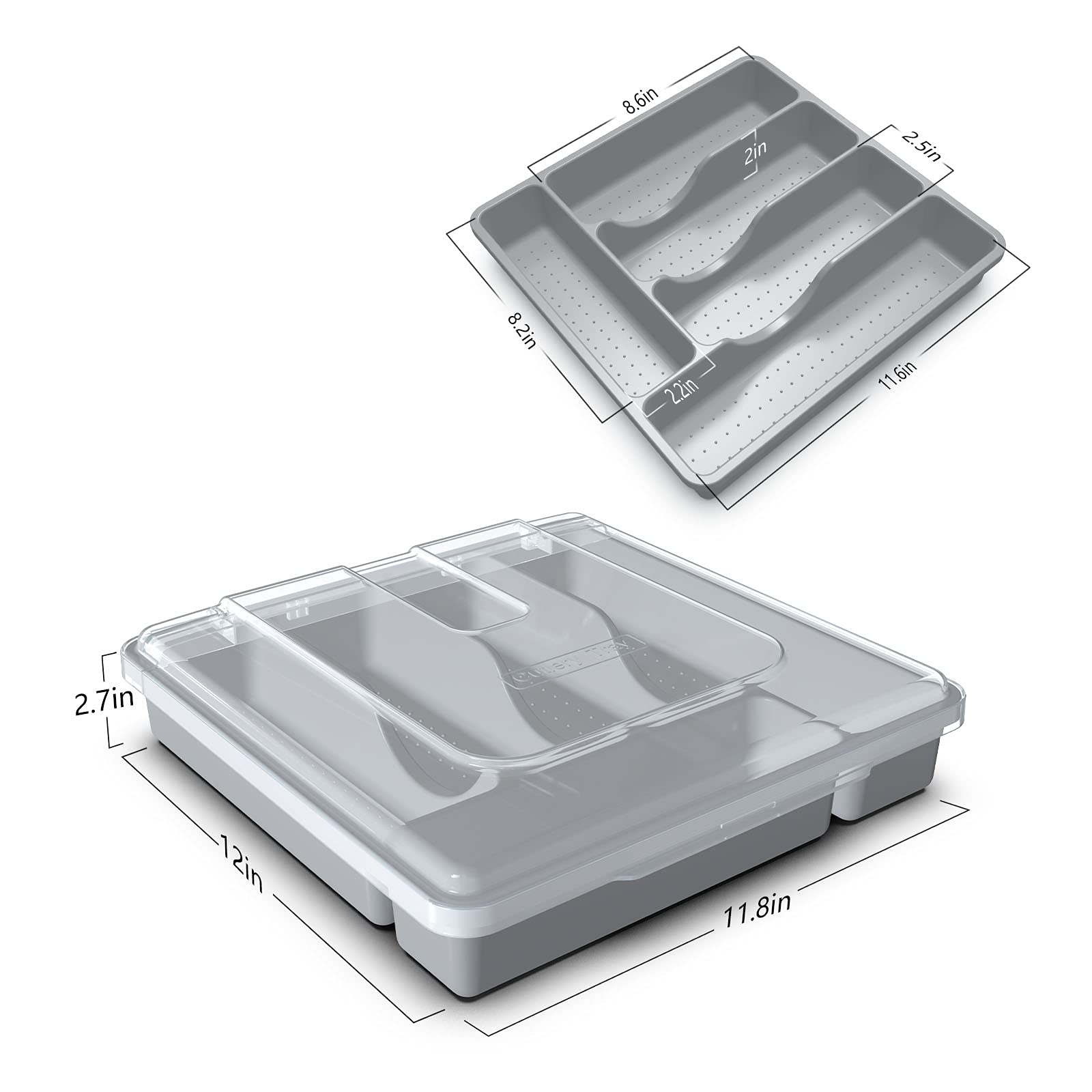 **5-Compartment Gray Plastic Silverware Organizer with Lid - Drawer & Countertop Utensil Holder for Kitchen, Dining, and Office Use**