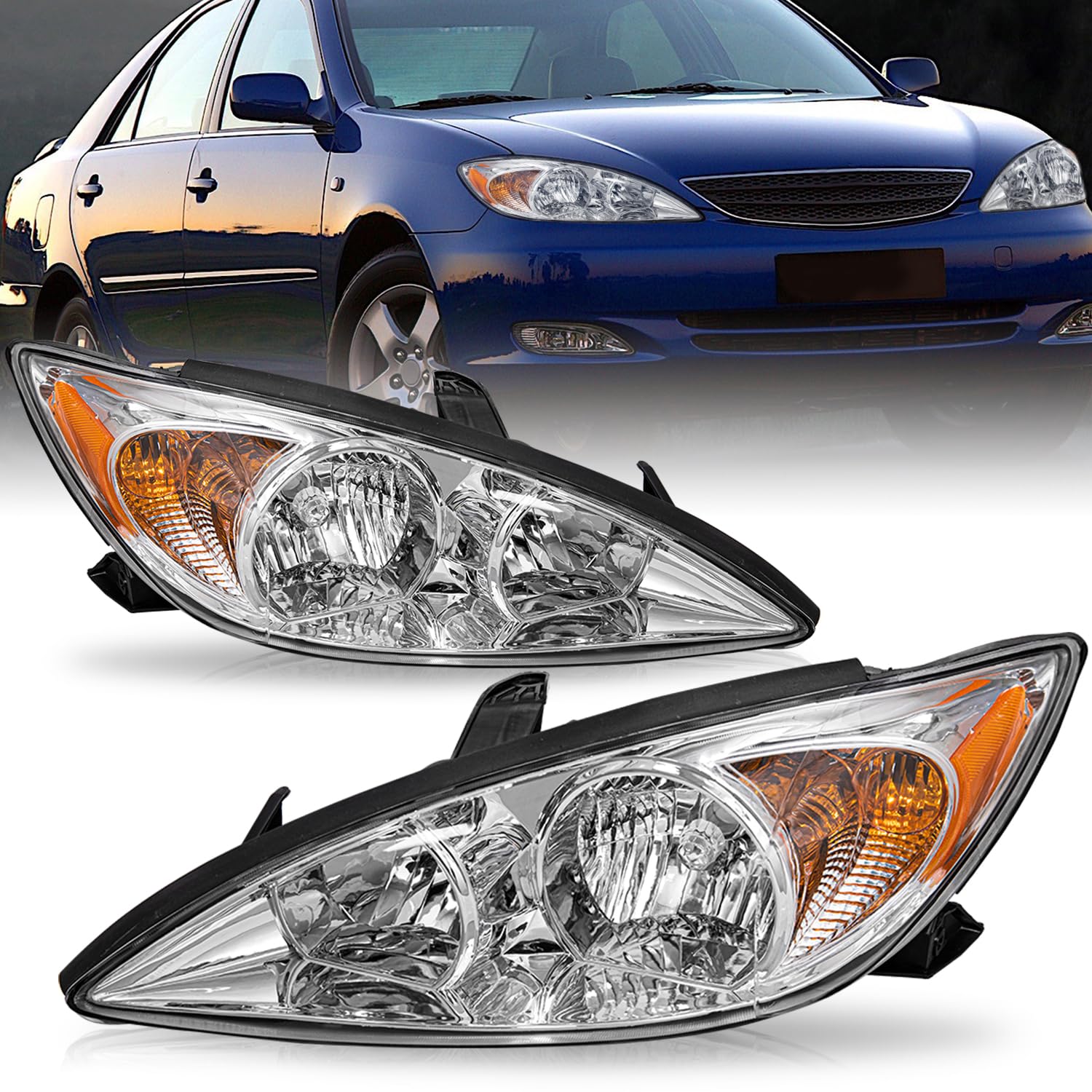 2002-2004 Toyota Camry Headlight Assembly Pair - Chrome Replacement Headlights for Improved Night Visibility | Perfect for Daily Driving & Road Trips