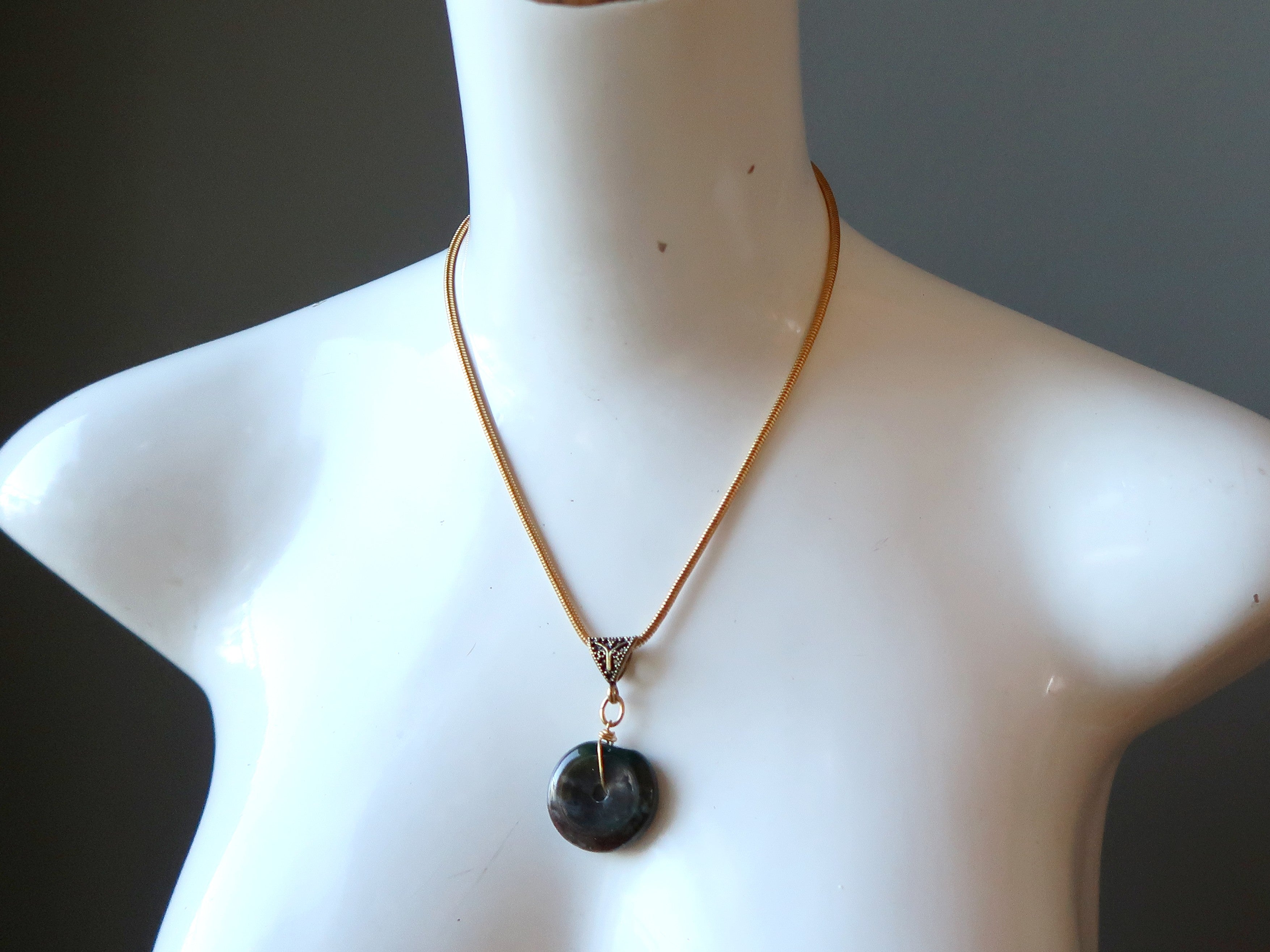 Fancy Jasper Necklace with Green Bloodstone & Moss Agate Donut Pendant - Natural Stone Jewelry for Women, Boho Chic Gift, Yoga Meditation Accessory