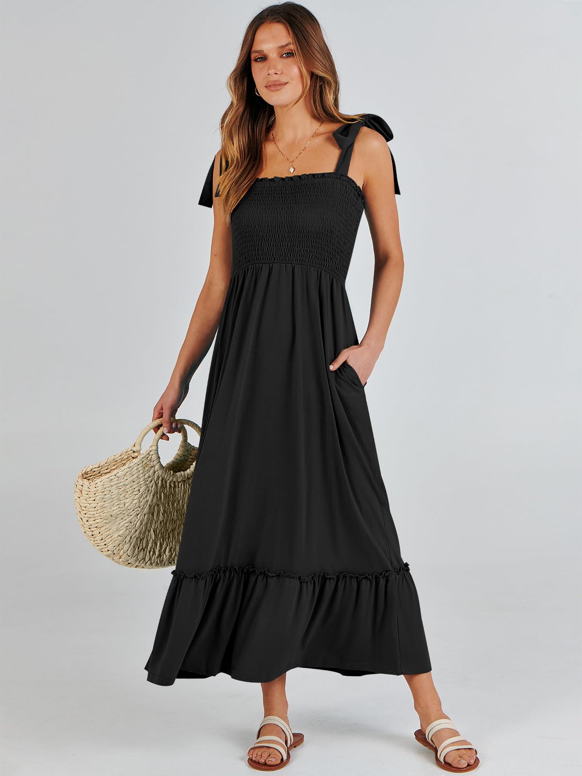 ANRABESS Women's Summer Casual Strap Smocked Maxi Dress - Flowy Tiered A-Line Sundress for Beach, Travel, Wedding Guest & Outdoor Occasions