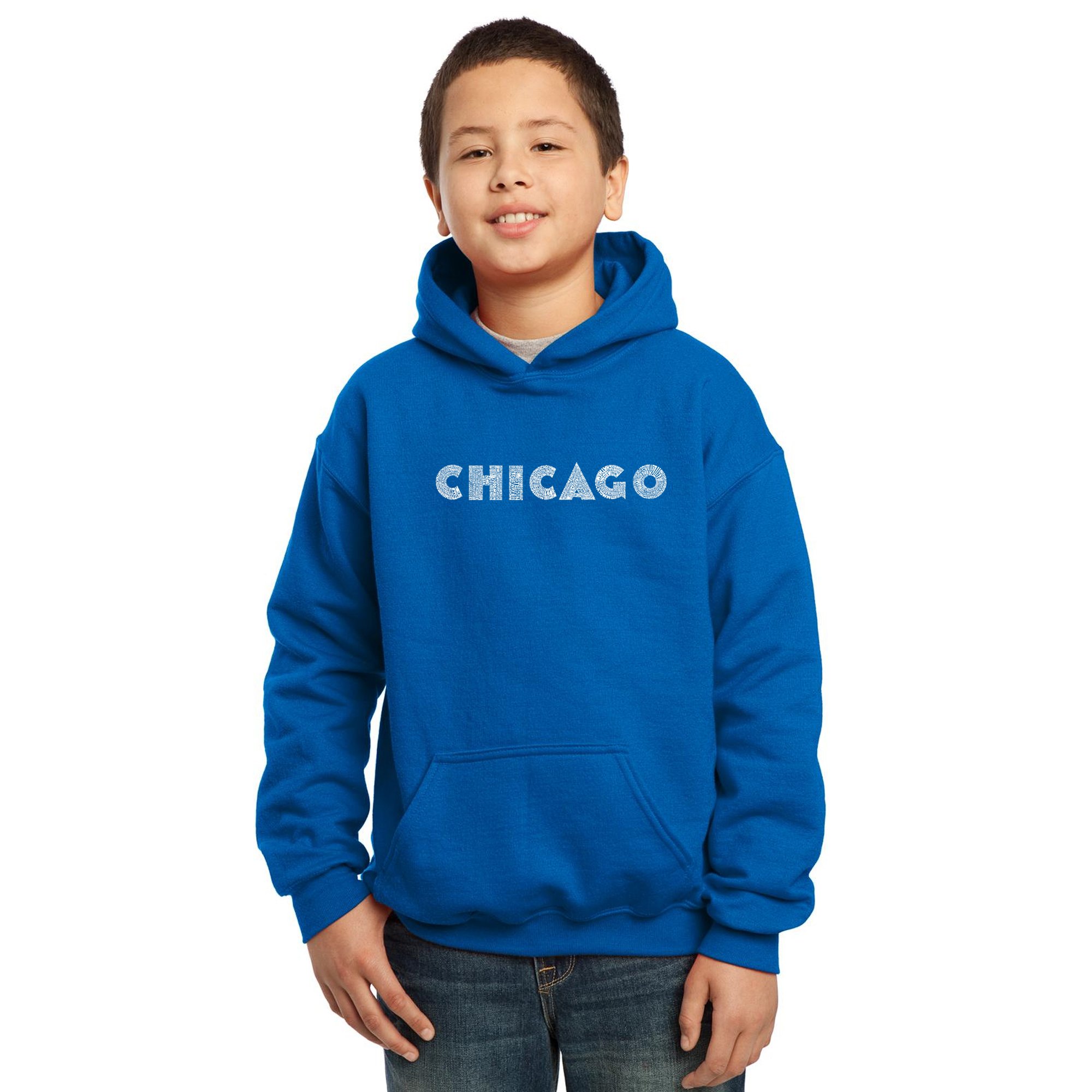 LA POP ART Boys' Word Art Hooded Sweatshirt - Chicago Neighborhoods Design | Trendy Graphic Pullover for Teens & Kids | Perfect for School, Streetwear & Urban Fashion