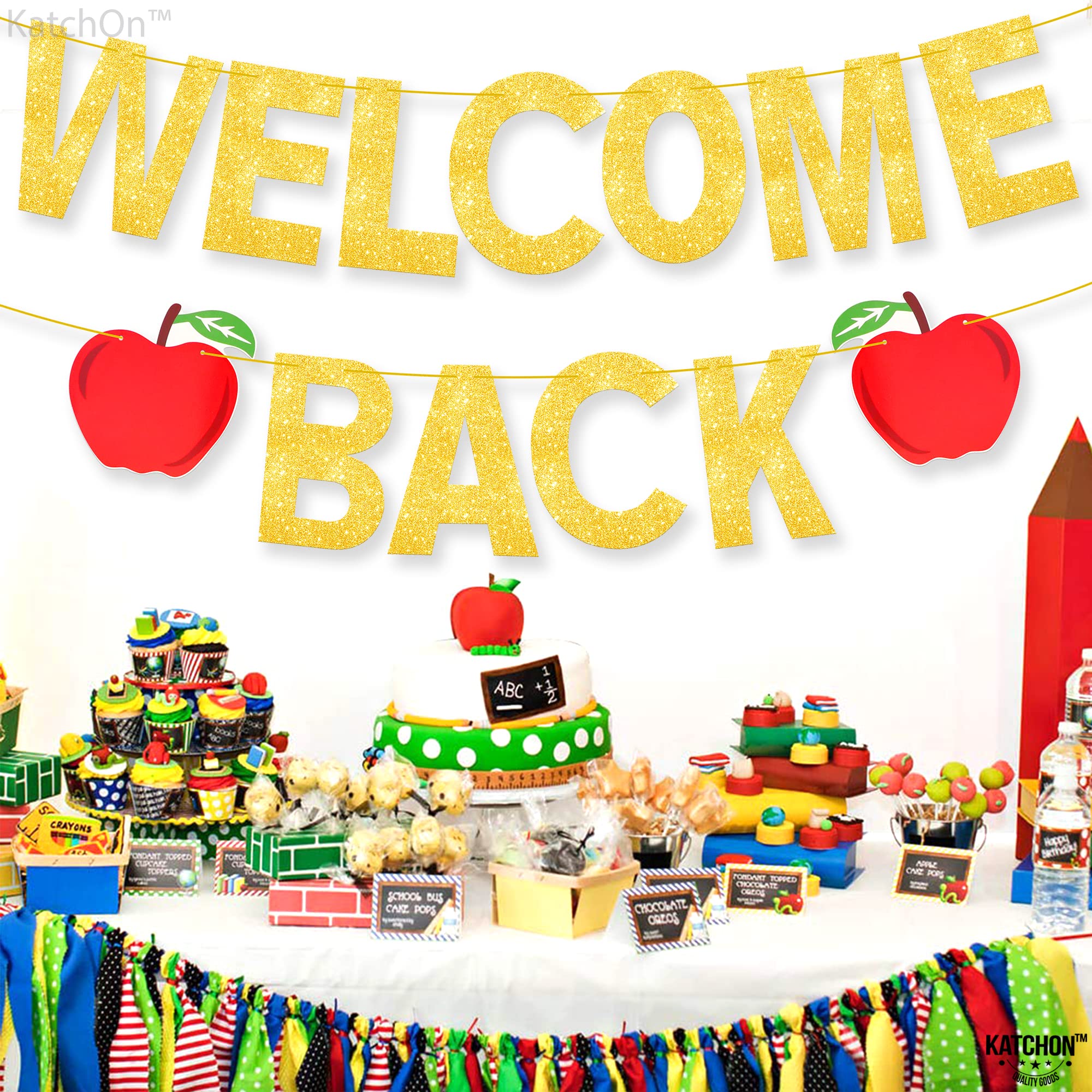 KatchOn 10ft Glitter Welcome Back to School Banner - Apple Themed Classroom Decorations for First Day of School | Perfect for Bulletin Boards, Classroom Walls & School Events