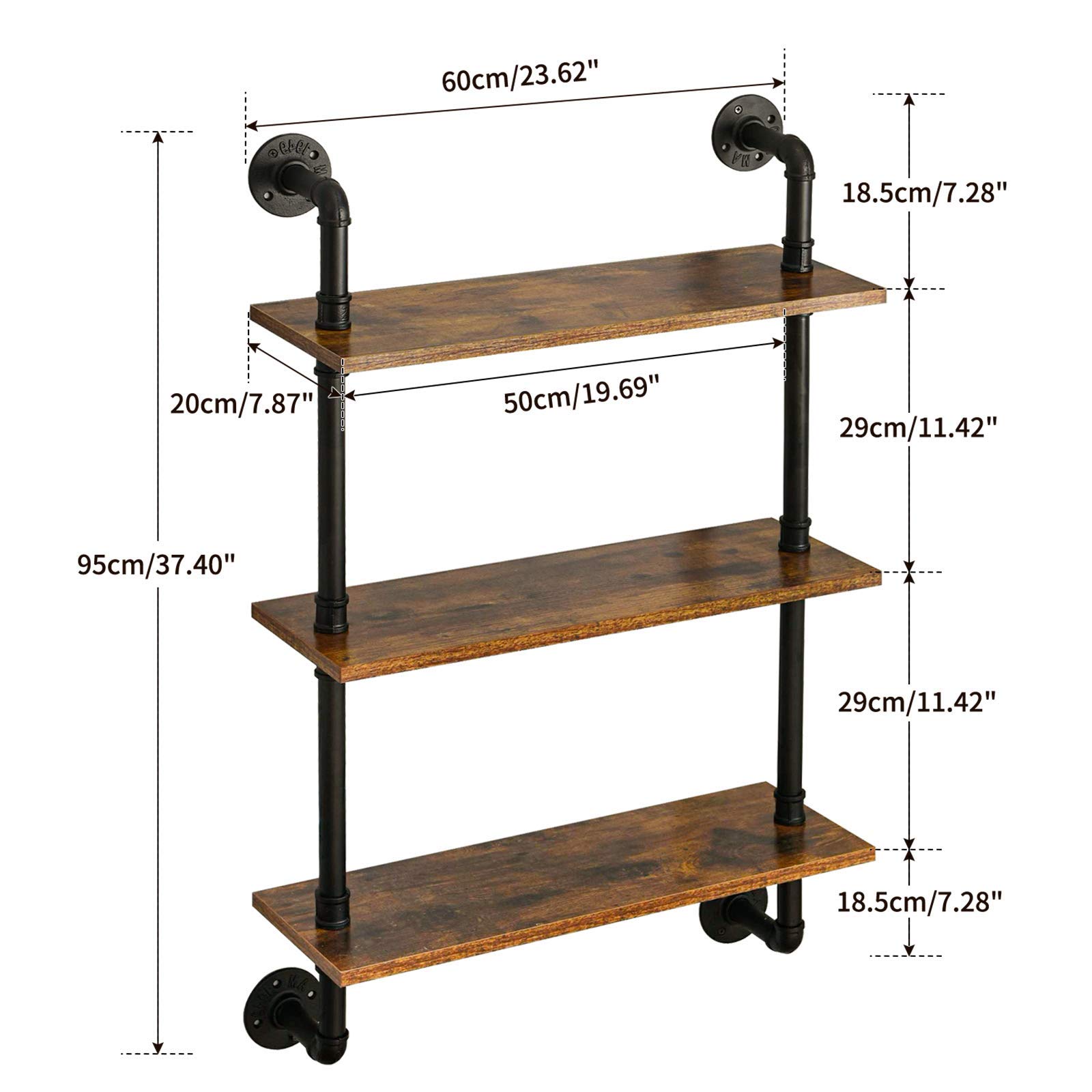 Industrial Pipe Shelf Bracket - 3 Tier Rustic Wall Mounted Floating Shelf for DIY Bookshelf & Storage | Farmhouse Style 24