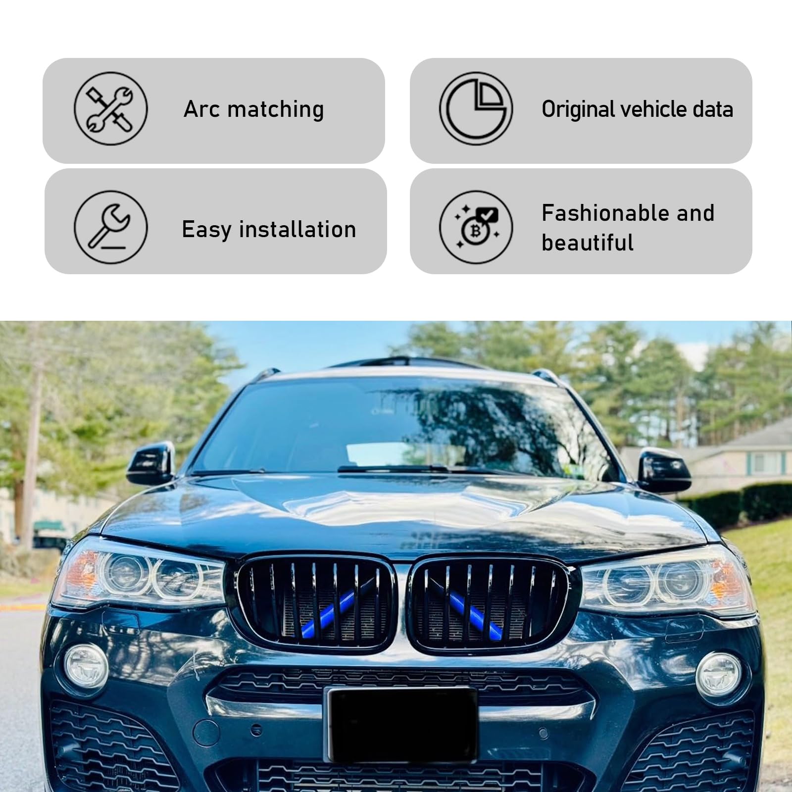 2 PCS Car Grill Inserts Decorative Strips - 12.9In x 1.1In Waterproof Durable ABS Front Grill Covers for BMW 3/4/5/6/7 Series & X1/X2/X3/X4/X5 - Blue Auto Accessories - Perfect for Car Customization & Vehicle Styling
