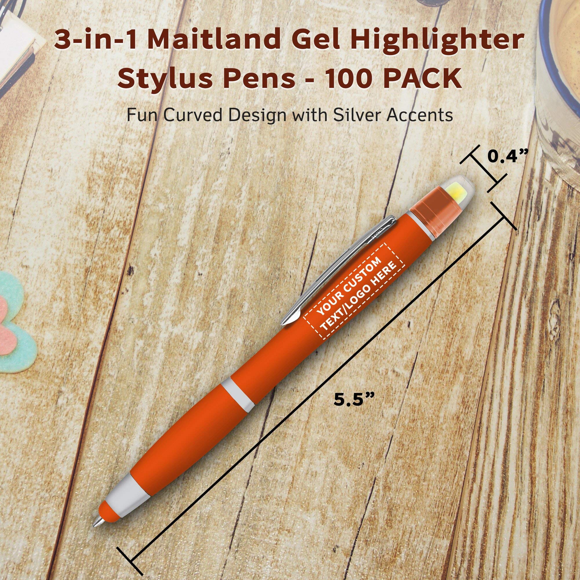 Personalized Smooth Writing Maitland Gel Highlighter Stylus Pens - 100 Pack Bulk Set - Custom Text & Logo - Orange Highlighters for Office, School, Note Taking & Book Marking