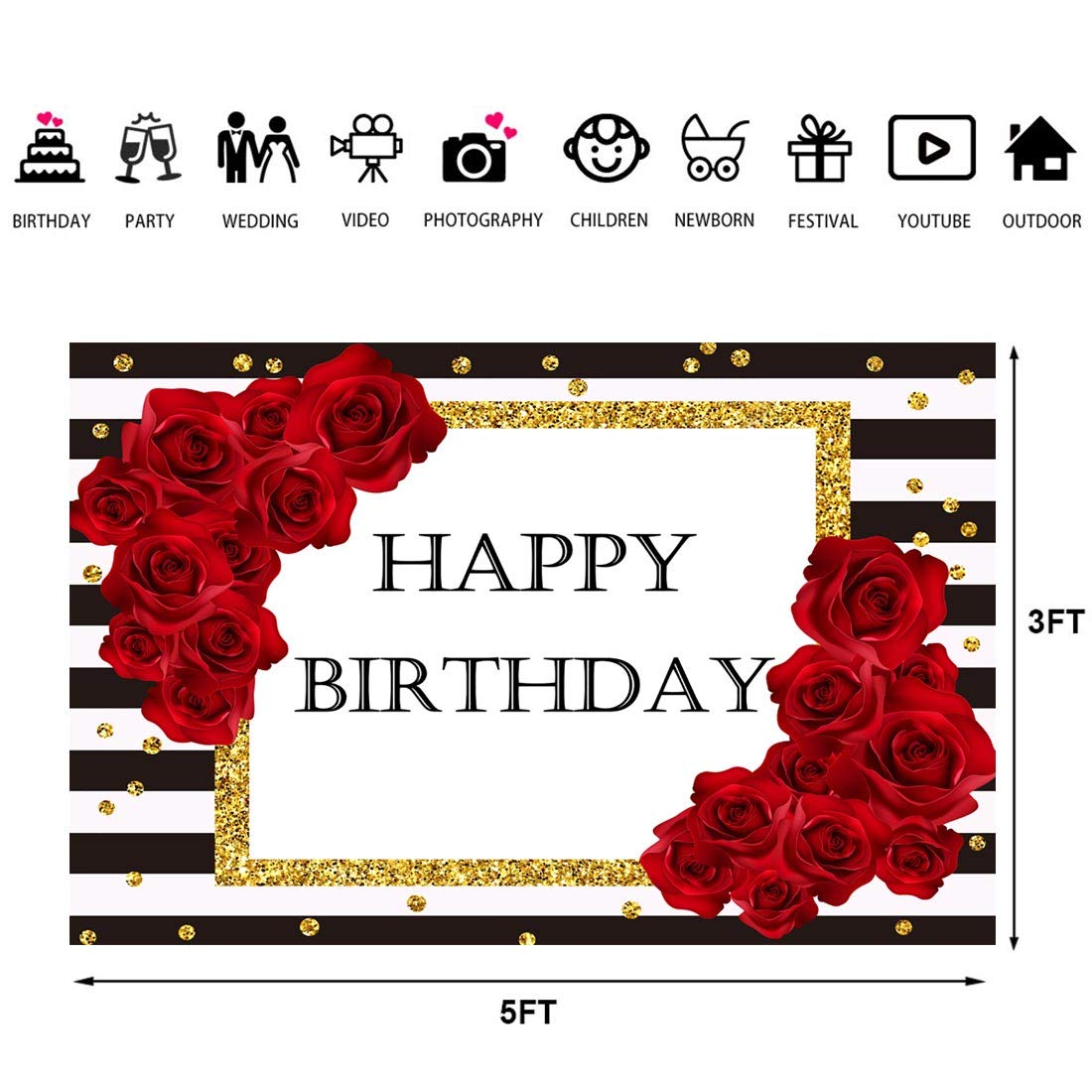 Black and White Striped Birthday Backdrop with Red Roses & Gold Dots - 5x3ft Photography Background for Birthday Party Decor, Photo Booth Props - Perfect for Birthday Celebrations, Baby Showers & Anniversary Parties