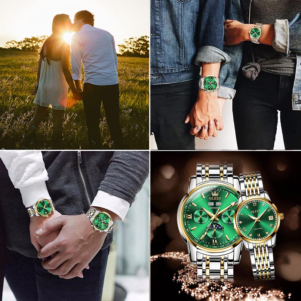 OLEVS Automatic Couple Watches for Men and Women - His and Hers Matching Mechanical Self-Winding Tourbillon Dress Watches with Day Date Calendar, Big Face, Two Tone - Perfect Anniversary Gift for Couples, Wedding Present, Romantic Gift Idea