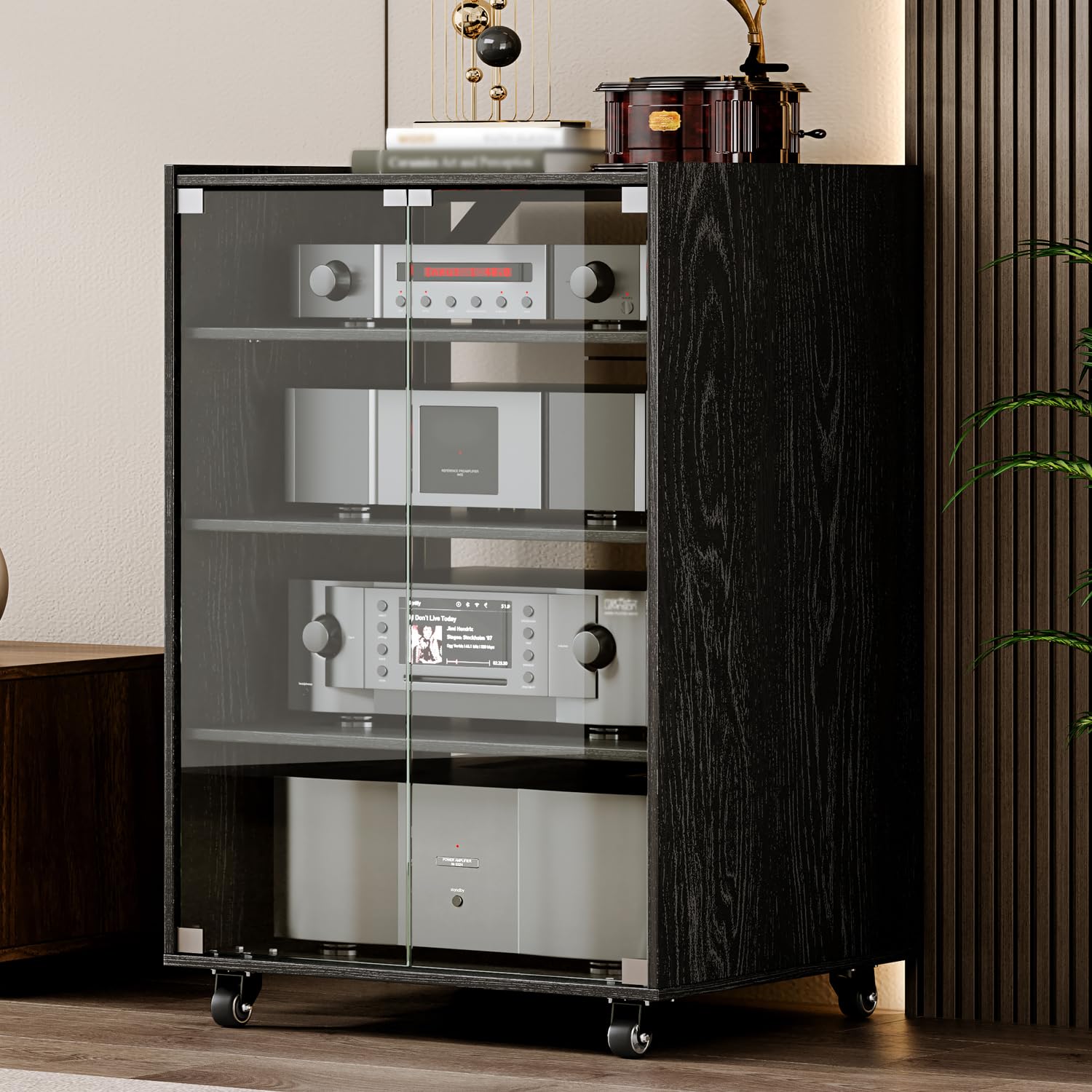 YYJ Modern Rolling AV Media Stand with 4 Adjustable Shelves & Glass Doors - Entertainment Storage Cabinet for Gaming, TV, Stereo Components - Perfect for Living Room & Home Theater Setup