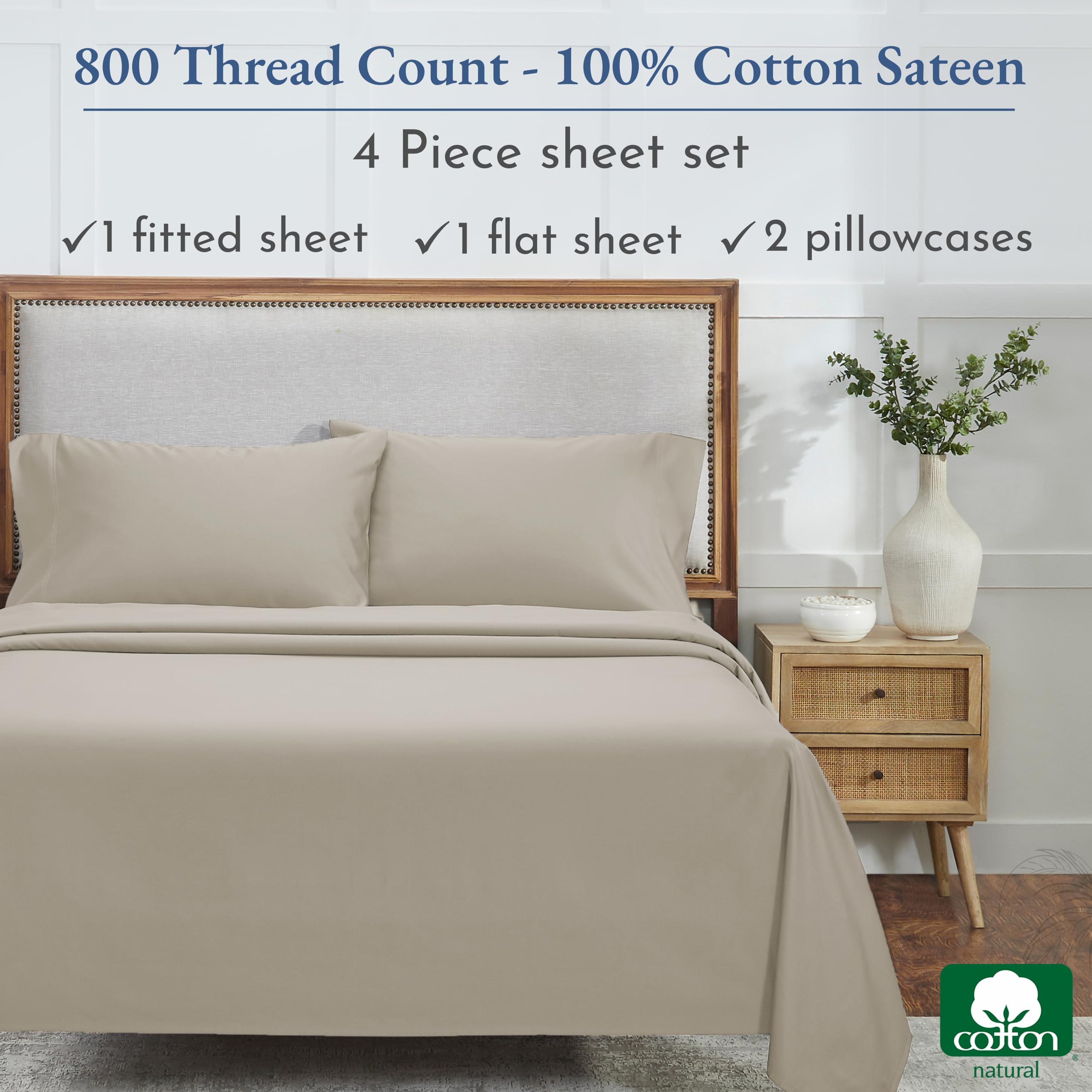Luxury 800 Thread Count California King Sheet Set - 100% Cotton Sateen Bedding with Deep Pockets | Cooling & Ultra Soft | California Design Den | Perfect for Hot Sleepers & Master Bedrooms (Beige)