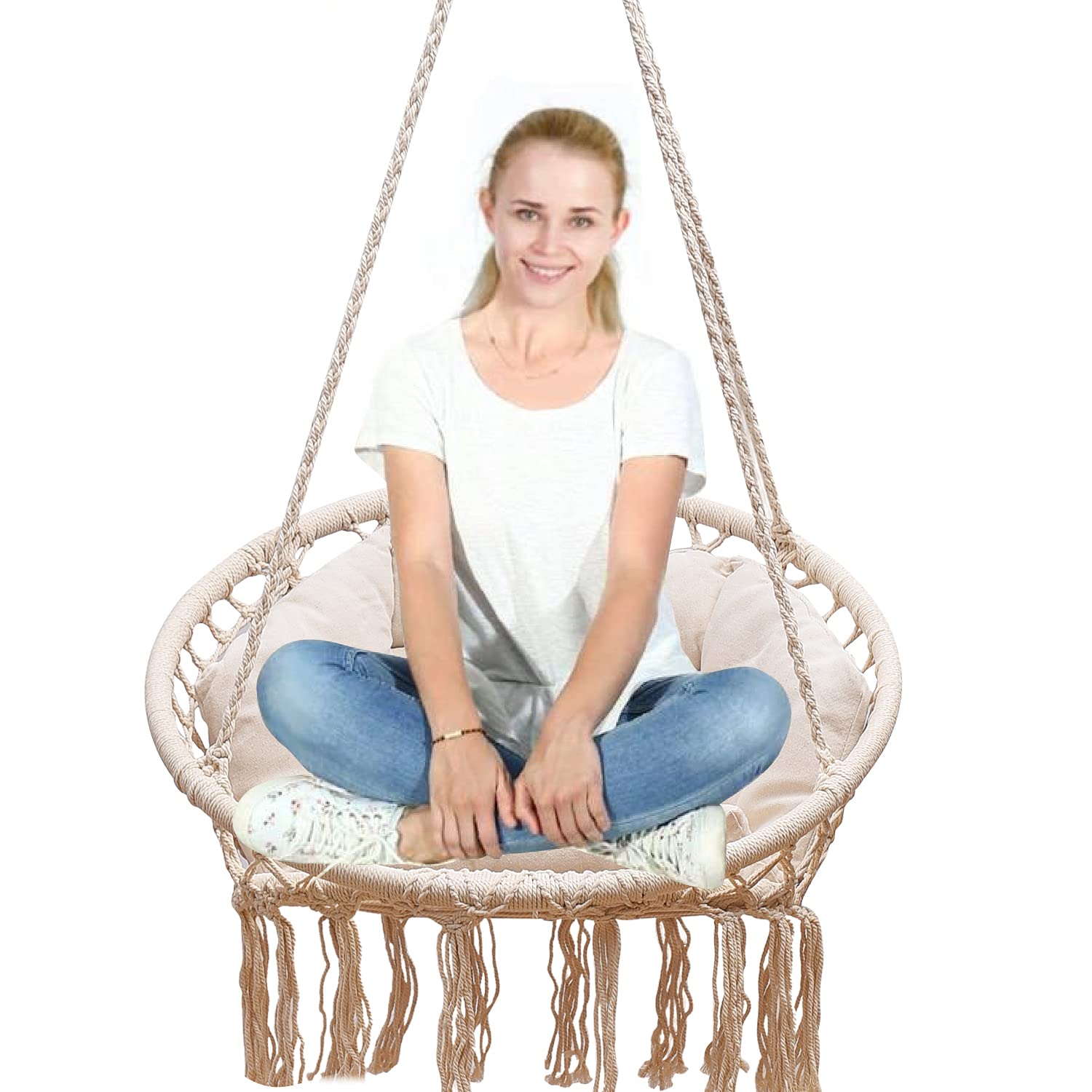 Goutime Macrame Hanging Swing Chair with Cushion & Hardware Kit - Outdoor Hammock Chair for Patio, Balcony, Bedroom - Comfortable Adult Swing Seat (Gray) - Perfect for Relaxing, Reading & Lounging