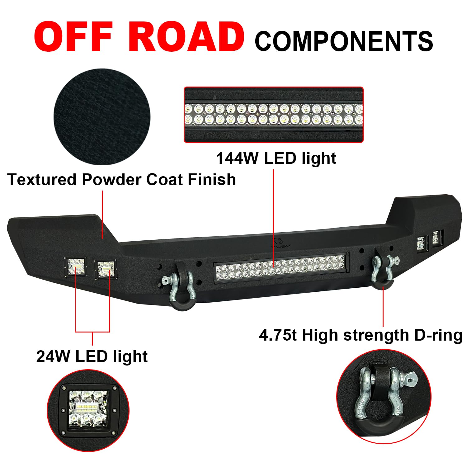 2007-2025 Jeep Wrangler JK/JKU/JL/JLU & 2020-2025 Gladiator JT Truck Front Bumper - Textured Black with 5 Aluminum LED Lights & 2 Heavy-Duty 4.75T D-Rings | Off-Road Protection & Adventure-Ready Accessory