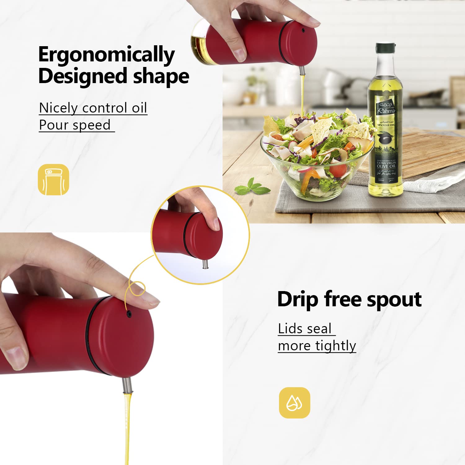 Premium Aelga Red Oil and Vinegar Dispenser Set - 2 Pack No-Drip Glass Bottles for Kitchen, Home, Restaurants & Weddings | Elegant Red Kitchen Decor & Essential Accessories for Cooking, Salad Dressing & Table Setting