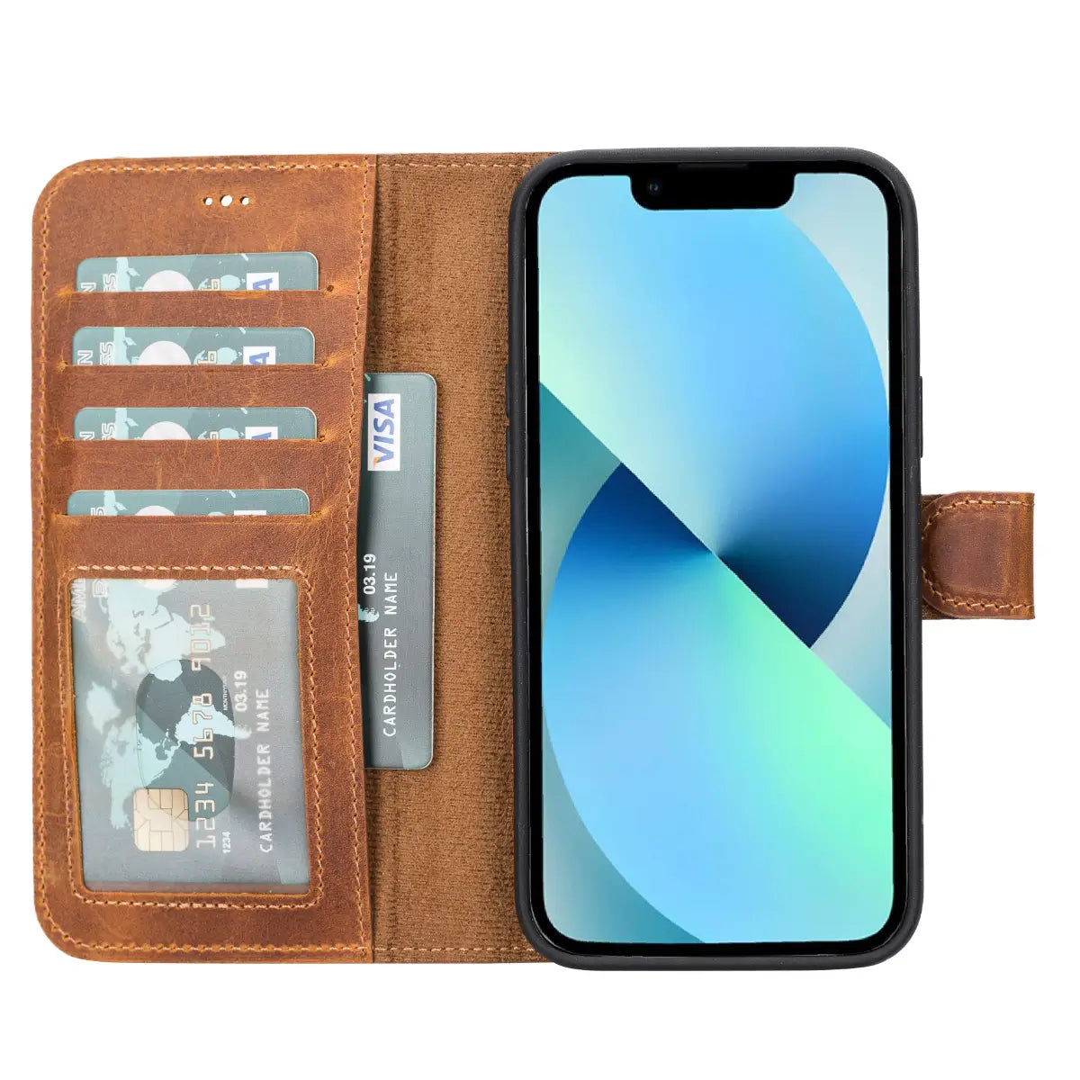 Premium Camel Brown Genuine Leather Wallet Case for iPhone 14 Plus - Slim Protective Cover with Card Slots | Perfect for Everyday Use, Travel & Business