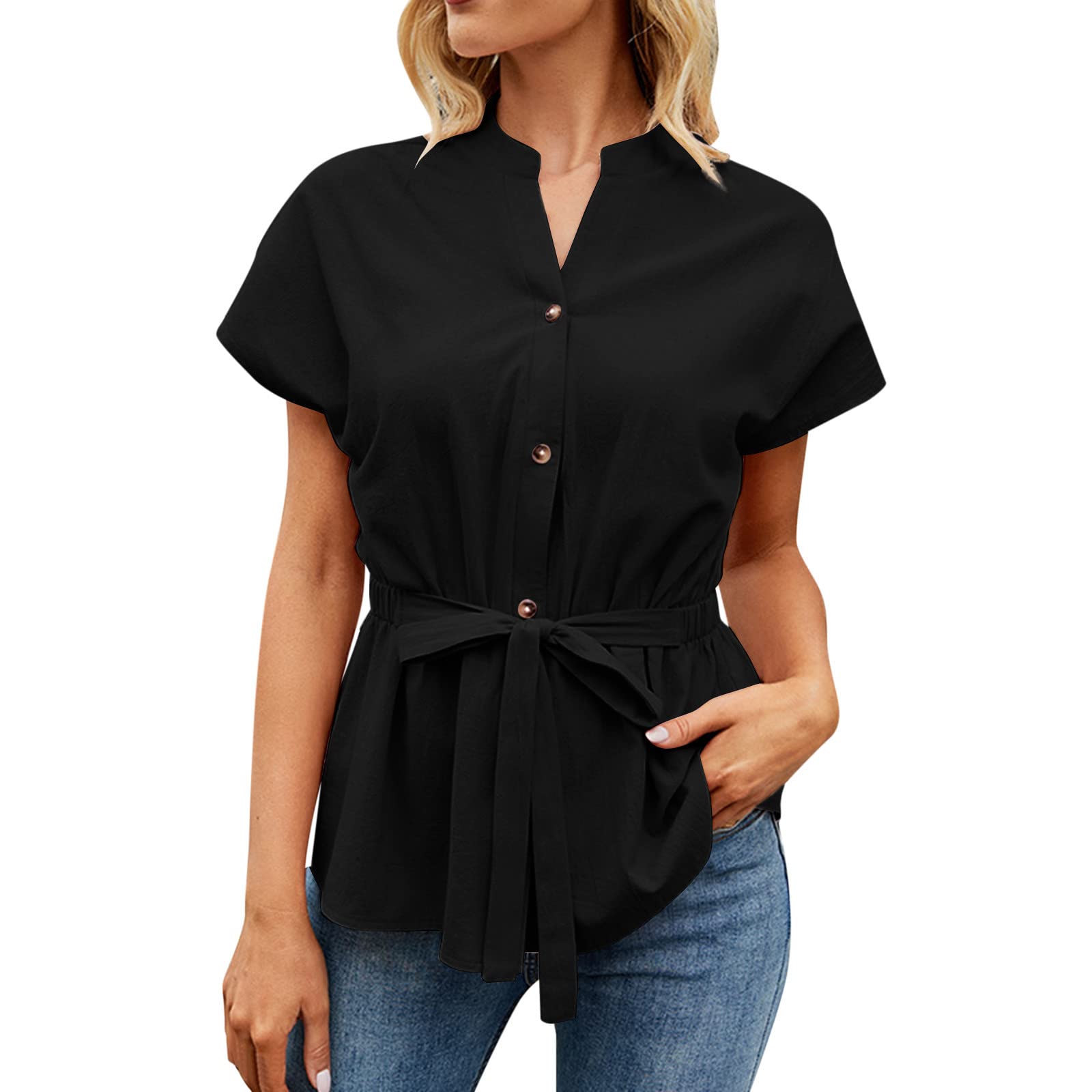 Trendy Women's Short Sleeve Solid Color Lapel Tie Waist Button Dress Shirt - Elegant Casual & Office Wear for Women | Perfect for Work, Dating & Special Occasions