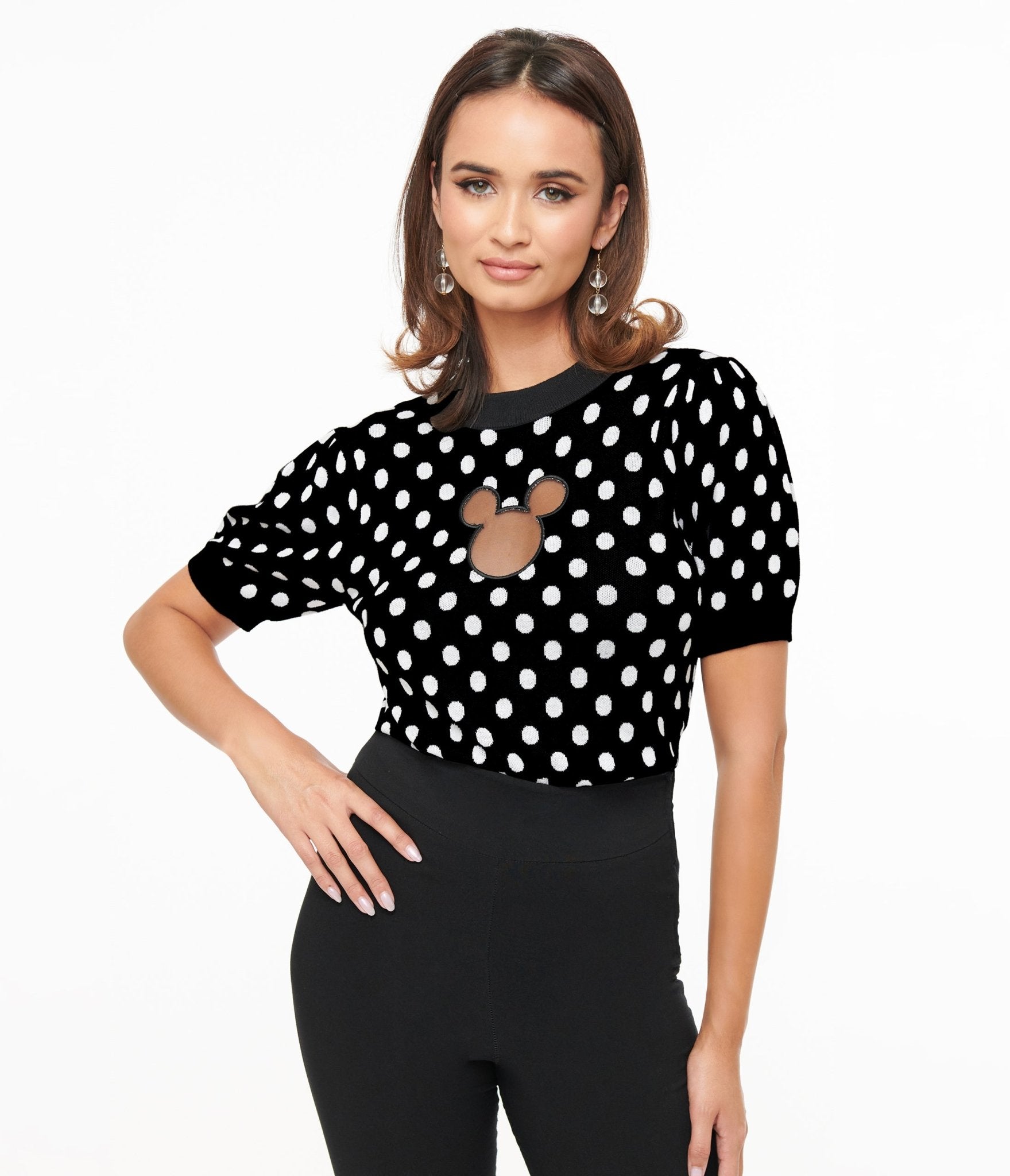 Disney Mickey & Friends Collection Black & White Polka Dot Mickey Mouse Cutout Sweater - Vintage Inspired Pullover for Women | Perfect for Disney Themed Parties, Casual Outings & Holiday Gifts