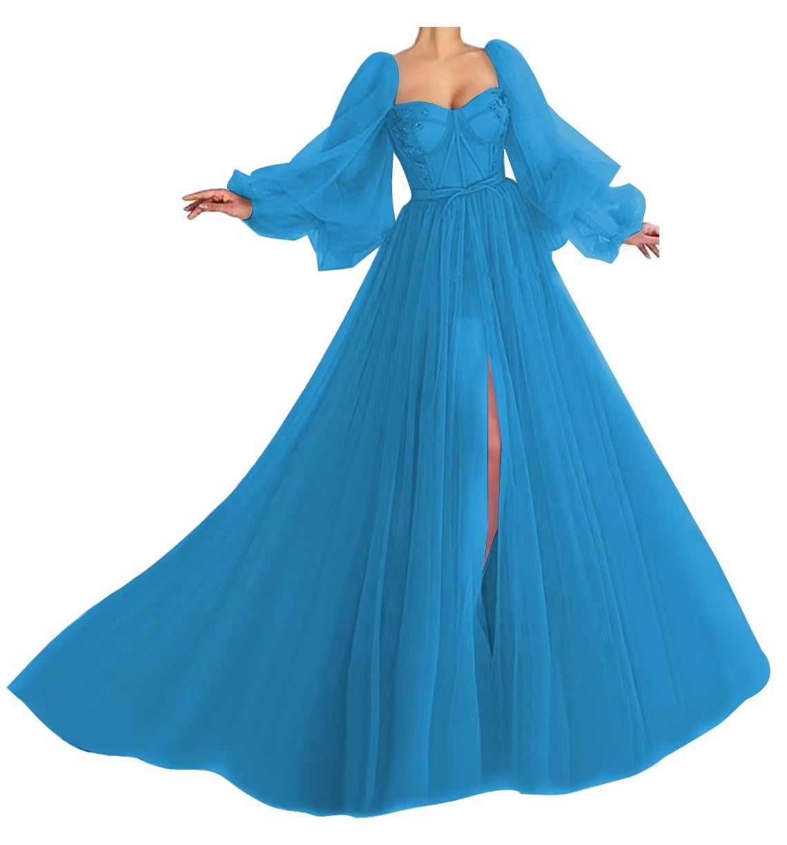 Elegant Blue Tulle Prom Dress with Long Sleeves & Corset - Princess Ball Gown for Women | Perfect for Prom, Wedding, Quinceañera & Special Occasions