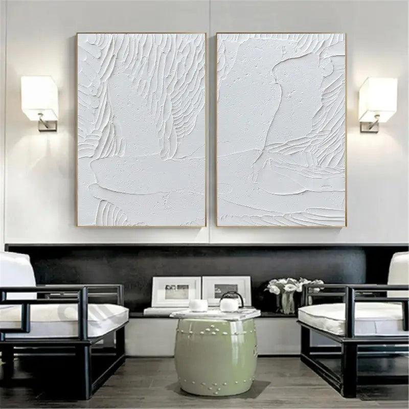 Minimalist White Textured Canvas Paintings - Set of 2 Abstract Wall Art for Living Room, Bedroom & Office Decor #MM047