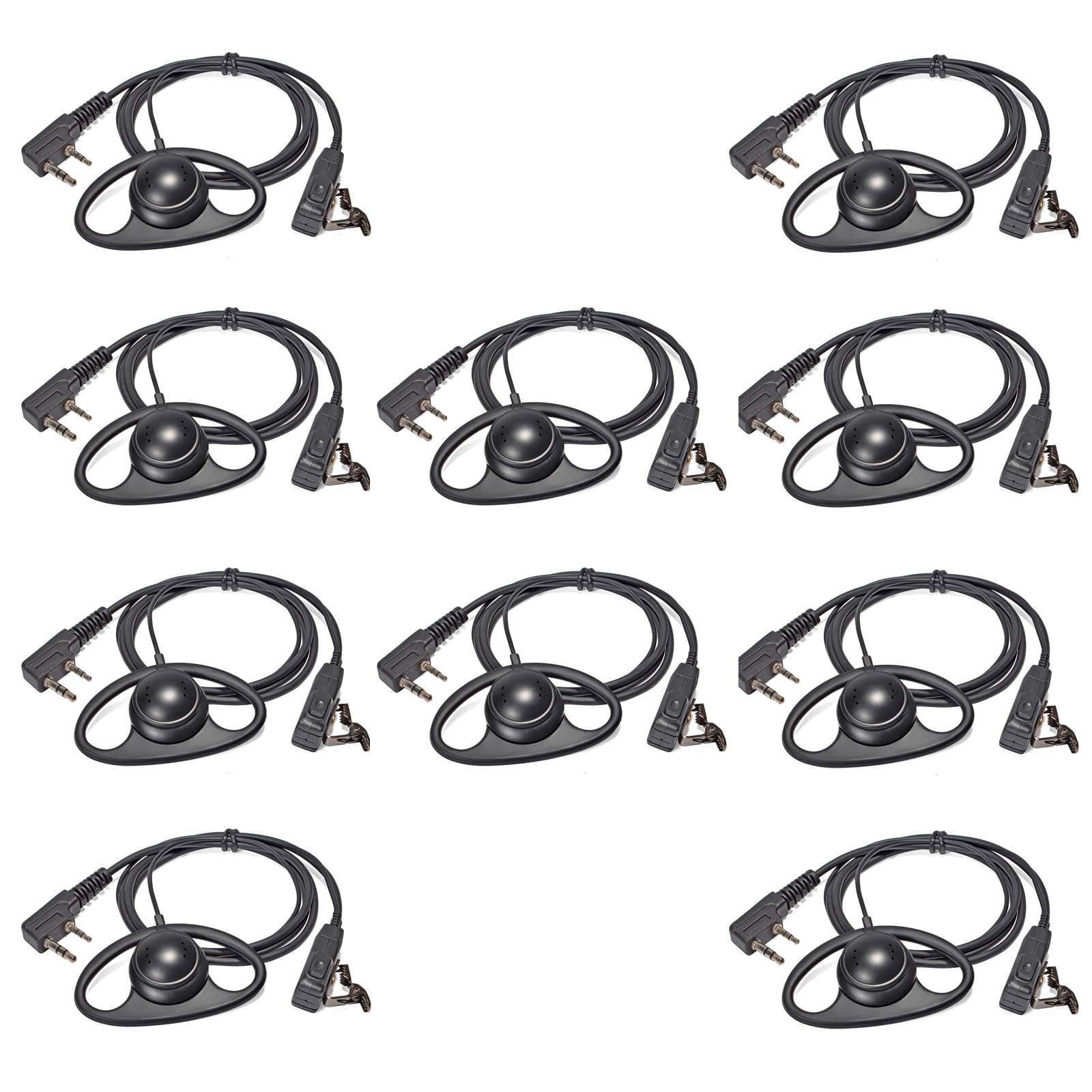 HYSHIKRA 10-Pack D-Shape Walkie Talkie Earpiece with Microphone - Compatible with Baofeng UV-5R, UV-5RA, 888S, Kenwood & HYT 2-Pin Two Way Radios - Ideal for Security, Construction & Outdoor Activities