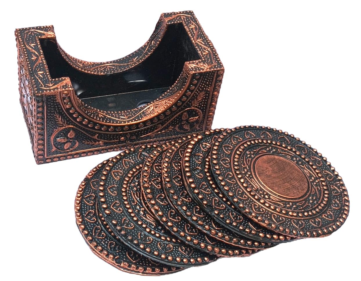 PP Plastic Mandala Design Coasters Set of 6 - Durable & Heat-Resistant for Tea Cups, Coffee Mugs & Glasses - Elegant Home Decor with Copper Finish - Perfect for Dining Tables, Coffee Shops & Office Desks