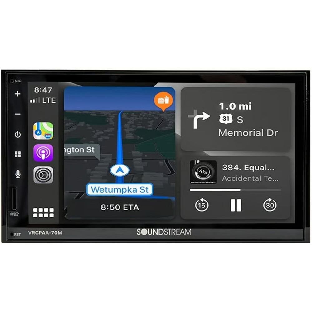 Soundstream VRCPAA 70MW 7 Inch Double DIN Touchscreen Car Stereo with Bluetooth, Apple CarPlay & Android Auto - Digital Multimedia Receiver for Seamless Music Streaming & Hands-Free Calling in Your Vehicle