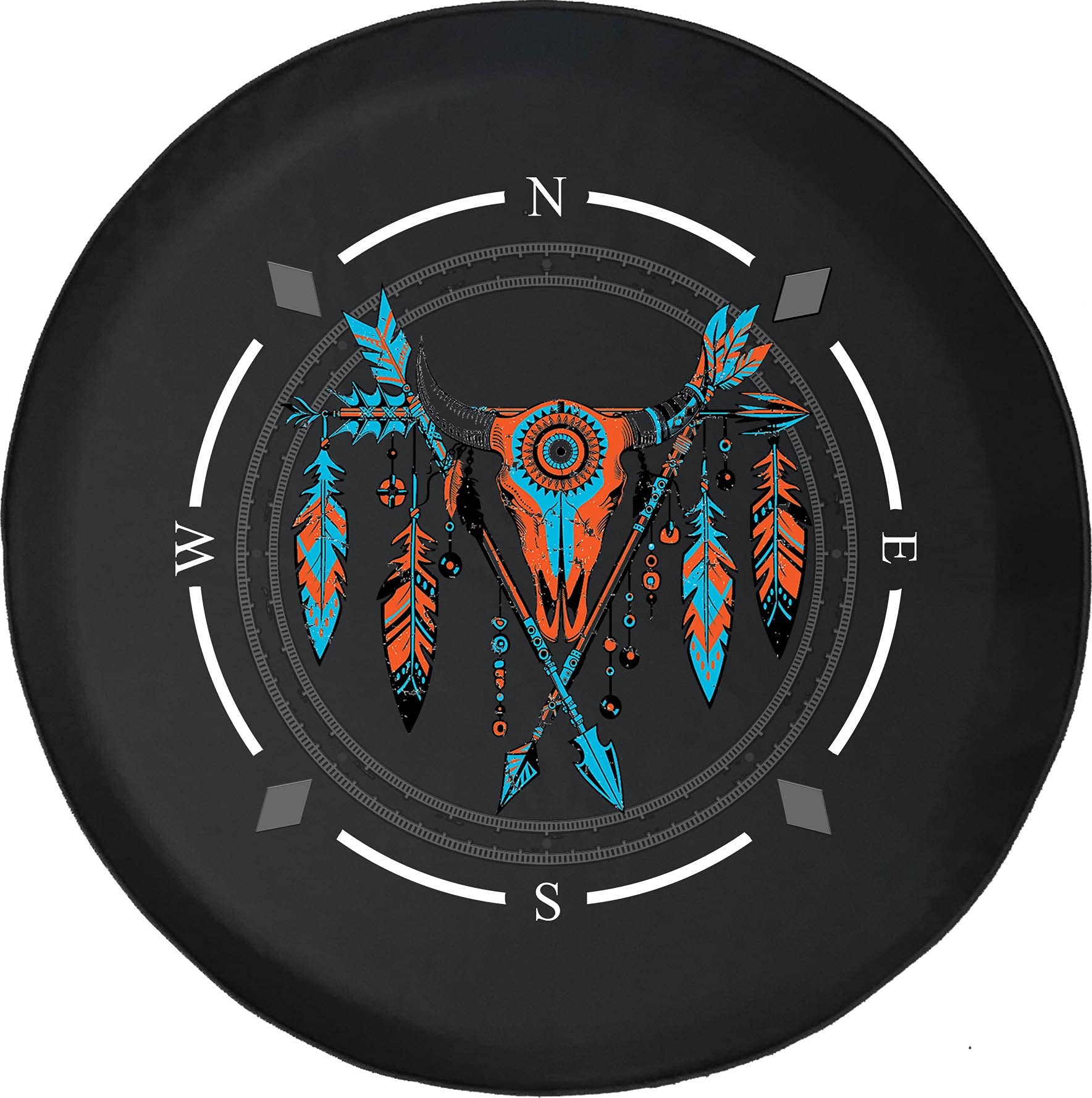 Premium Spare Tire Cover with Compass, Cow Skull & Native American Feather Design - Universal Fit for SUV, Trailer, RV & Most Vehicles - Perfect for Off-Road Adventures & Camping Trips