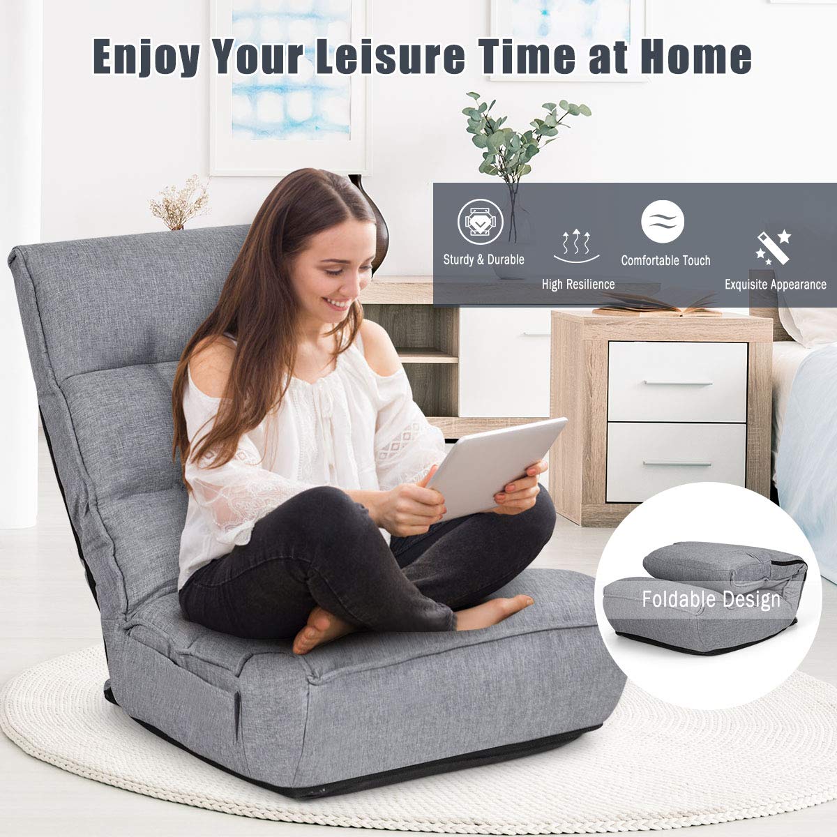 AFSTAR Adjustable Floor Gaming Chair with Headrest & Backrest - 5-Position Reclining, Thick Cushion & Side Pocket - Comfortable Folding Seat for Living Room, Bedroom, Dorm - Perfect for Gaming, Reading & Relaxing