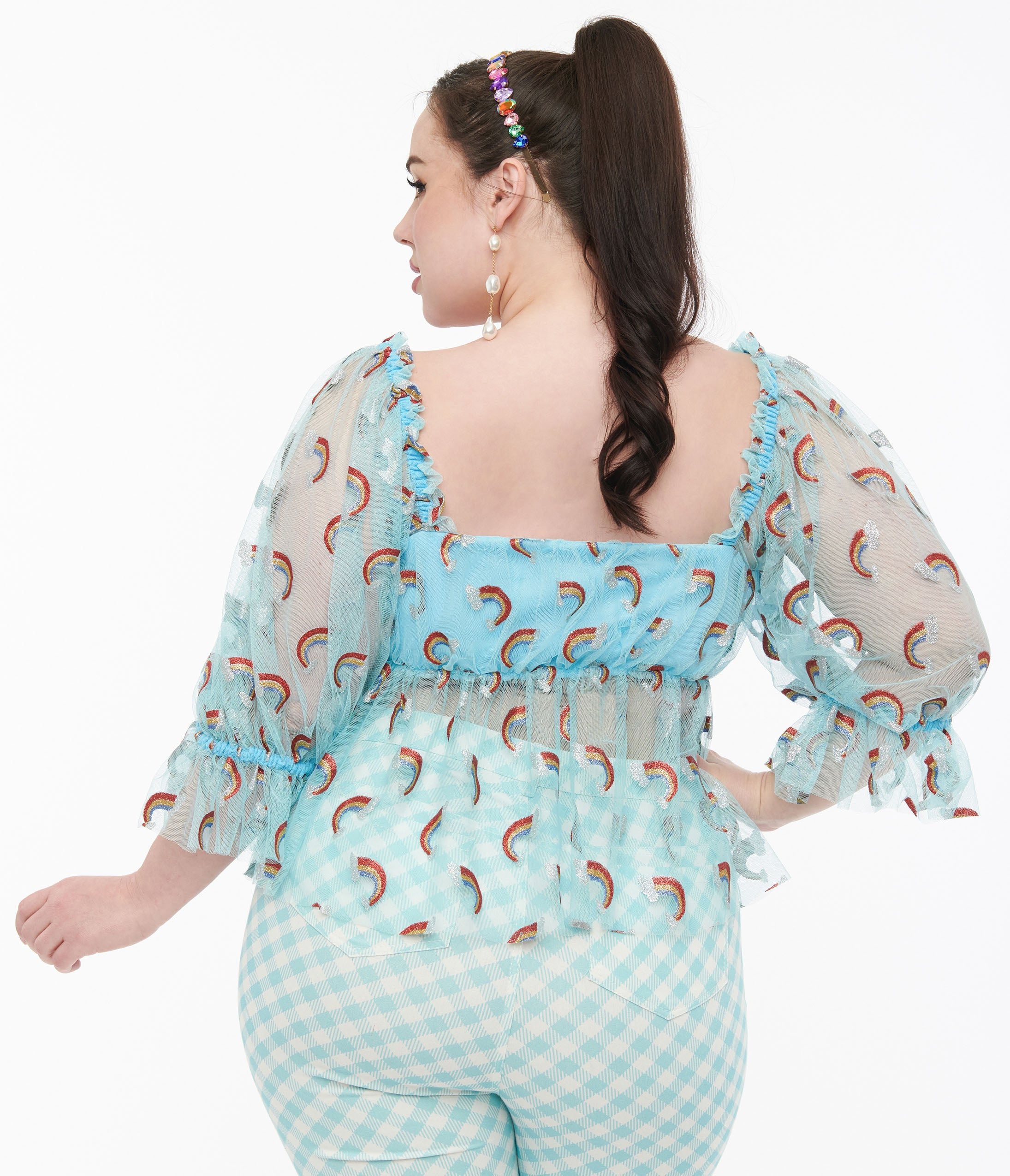 Smak Parlour Plus Size 1960s Vintage Sky Blue Glitter Rainbow Mesh Ruffle Babydoll Top | Retro Party Outfit & Festival Fashion