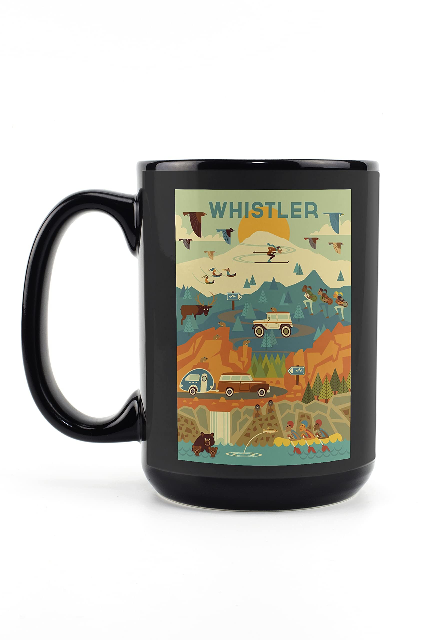 Whistler Pacific Wonderland Geometric Design 15oz Black Ceramic Coffee Mug - Microwave & Dishwasher Safe - Perfect for Home, Office & Gifts