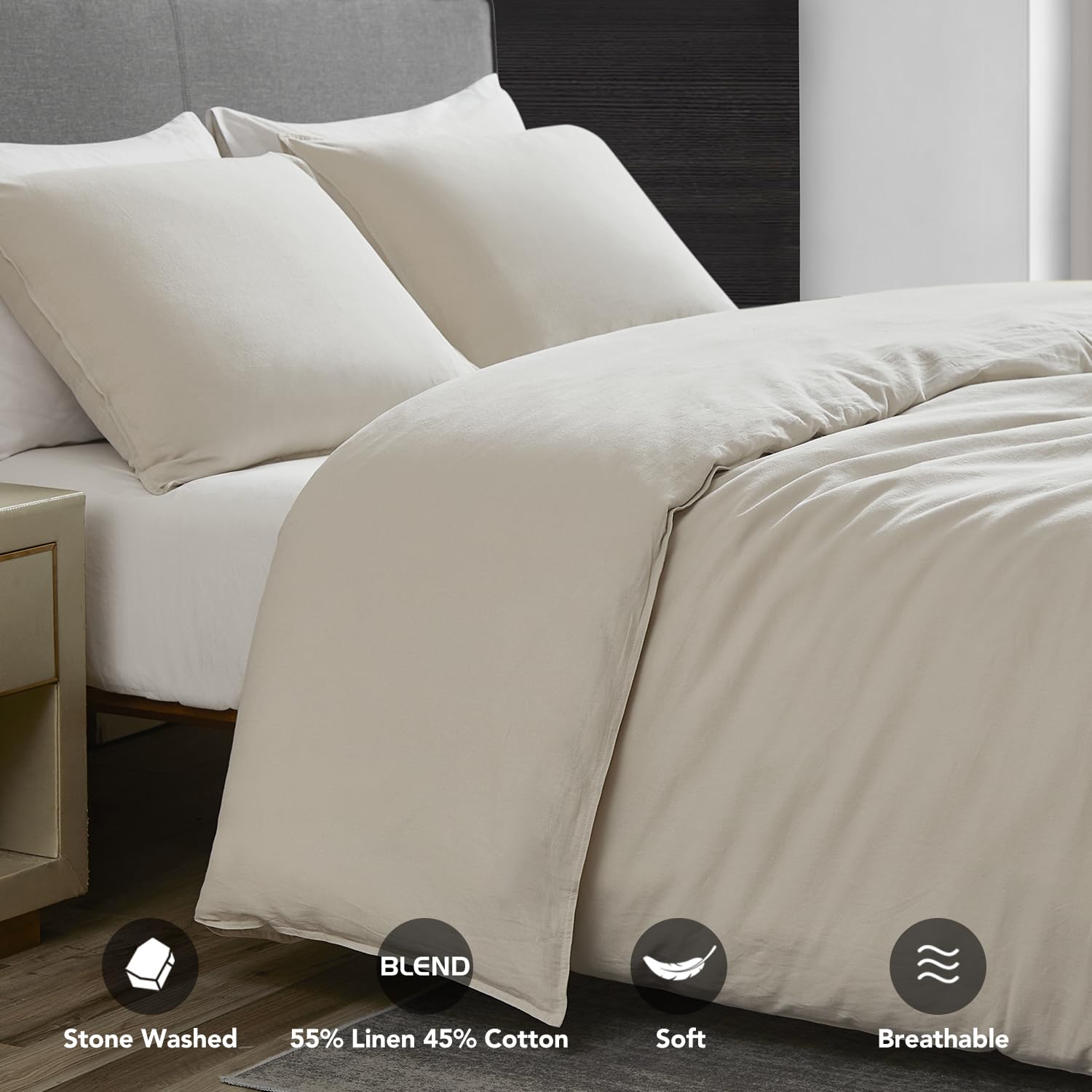 Premium Washed Linen Duvet Cover King Size - 3 Piece Lightweight Hypoallergenic Bedding Set with Button Closure & 8 Corner Ties (Linen Cotton Blend) - Perfect for Cozy Bedrooms, Guest Rooms & Airbnbs