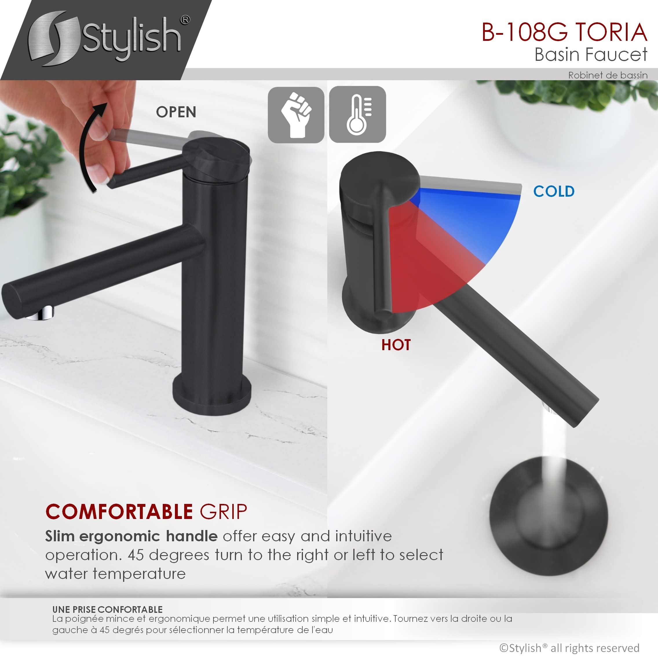 Stylish Single Handle Bathroom Faucet - Solid Stainless Steel 1 Hole Vanity Sink Faucet with Matte Black Finish (Model B-108N) - Perfect for Modern Bathroom Renovations & Small Space Sinks
