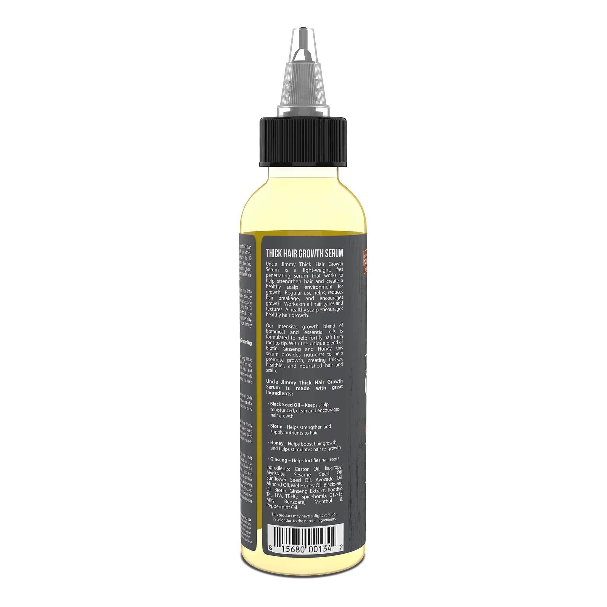 Uncle Jimmy Thick Hair Growth Serum - Natural Hair Loss Treatment for Men & Women | Promotes Thicker, Stronger Hair Growth | 4 Fl Oz Bottle | Perfect for Daily Scalp Care & Thinning Hair Solutions