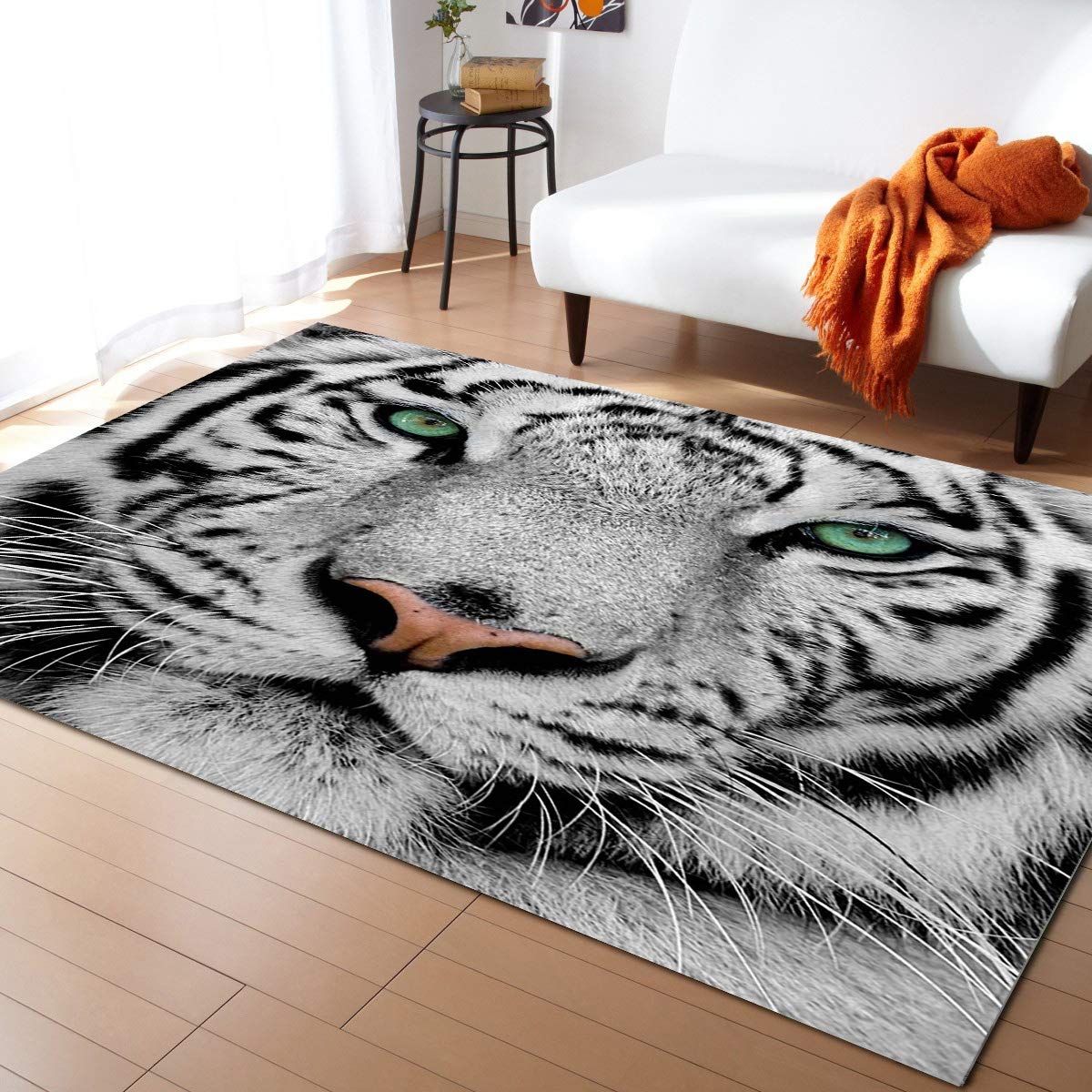 BABE MAPS 5' x 7' Animal Print Soft Area Rug - Non-Woven Fabric Floor Carpet for Living Room, Bedroom & Kids Room - Black White Wild Tiger Design - Perfect for Nursery Decor, Playroom & Cozy Home Accents