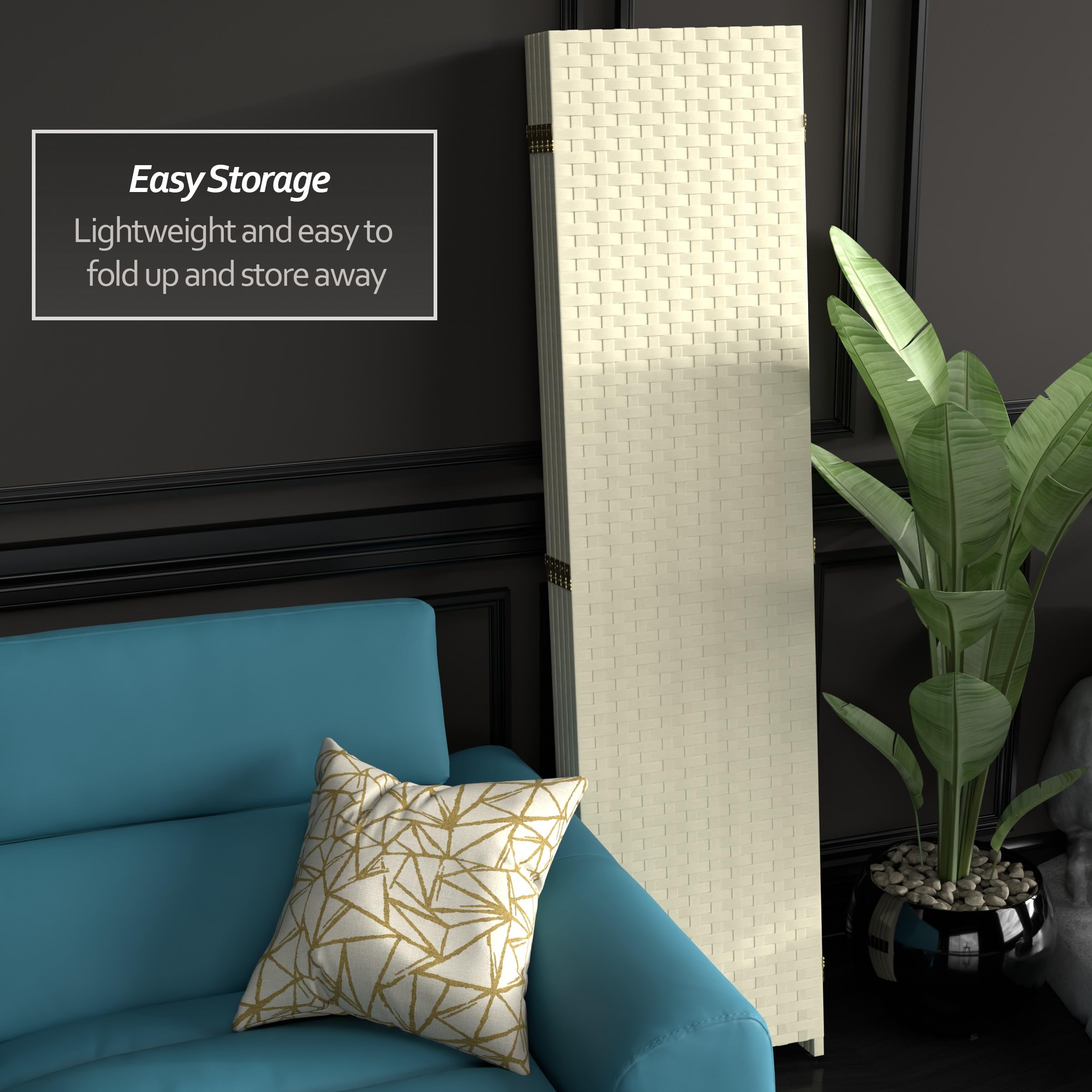 6 ft. Tall Woven Fiber Room Divider - 5 Panel Cream Folding Screen for Living Room, Bedroom & Office Privacy | Red Lantern Design Home Decor