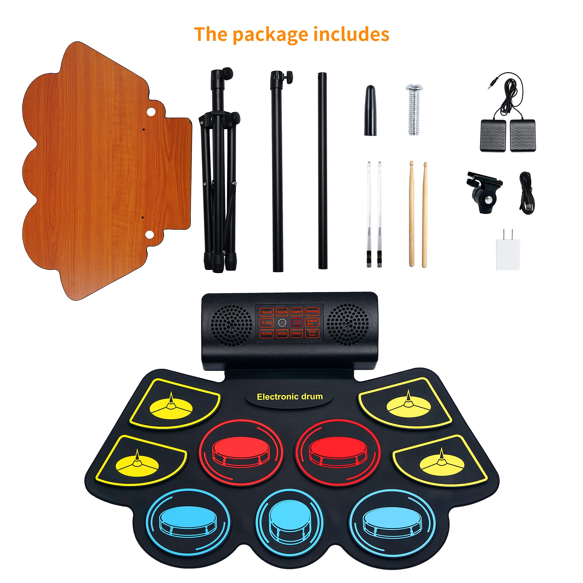 (9 Pads) Electronic Drum Set with LED Drumsticks & Stand - 5 Drum Kits, 10 Rhythms, Built-in Speakers | Portable Roll Up Design | Perfect for Kids, Beginners & Home Practice | Great for Birthday Gifts, Music Lessons & Family Entertainment