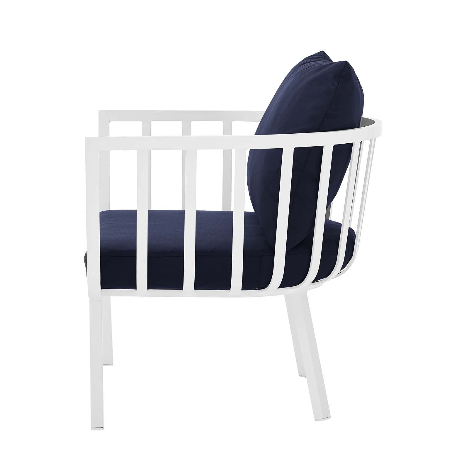 Modern Outdoor Lounge Chair Armchair Set of 2 - Aluminum Metal Frame with White Blue Navy Cushions - Perfect for Patio, Cafe, Bistro & Backyard Relaxation