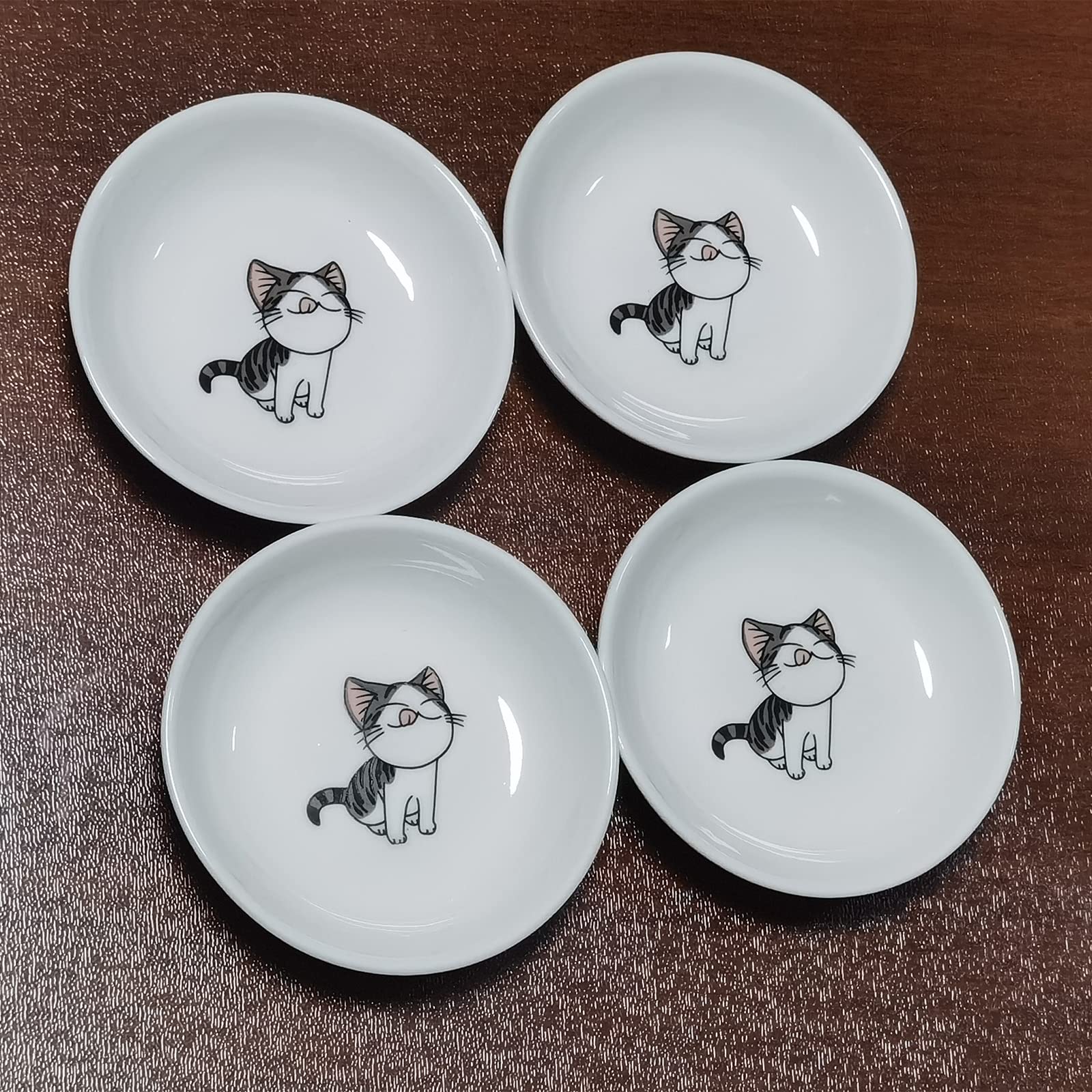 4-Pack Ceramic Cat Pattern Dipping Bowls - 4 Inch Small Sauce Dishes for Sushi, Soy Sauce, Snacks & Seasonings - Cute Porcelain Appetizer Plates for Parties, Home Dining & Japanese Cuisine