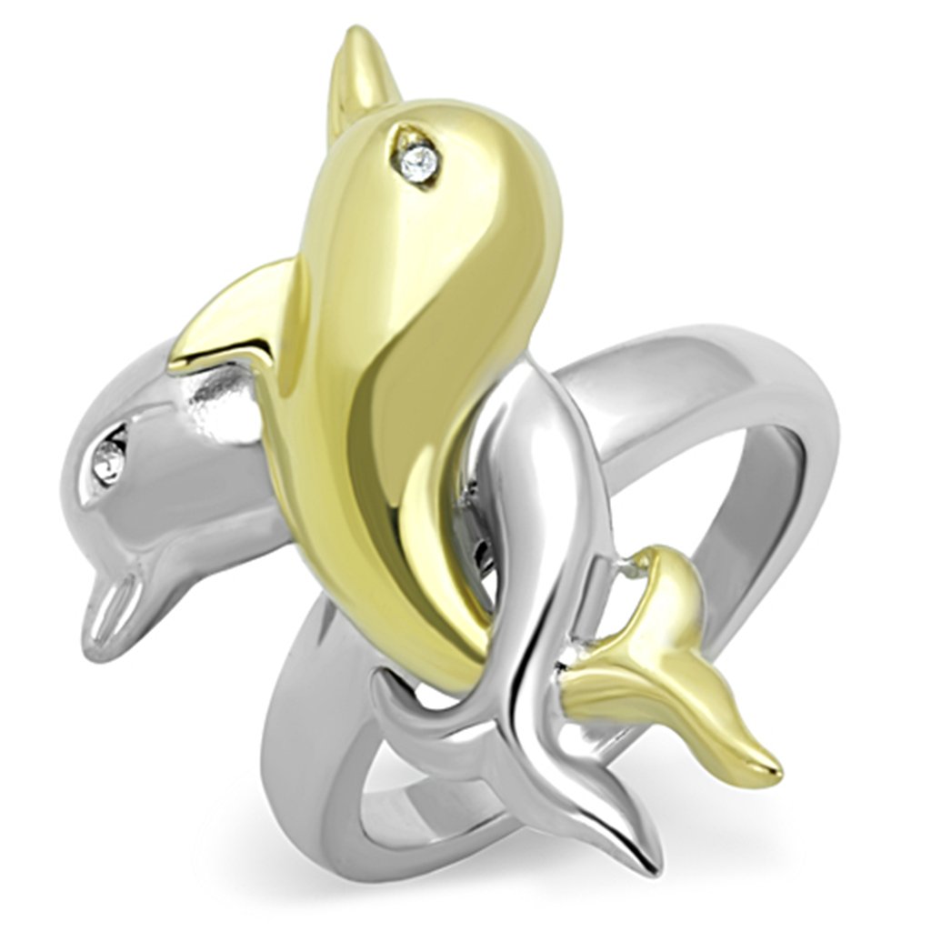 Marimor Women's 316 Stainless Steel Two-Tone Crystal Dolphin Ring - Elegant Fashion Jewelry for Everyday Wear, Gift for Her, Beach & Summer Outfits