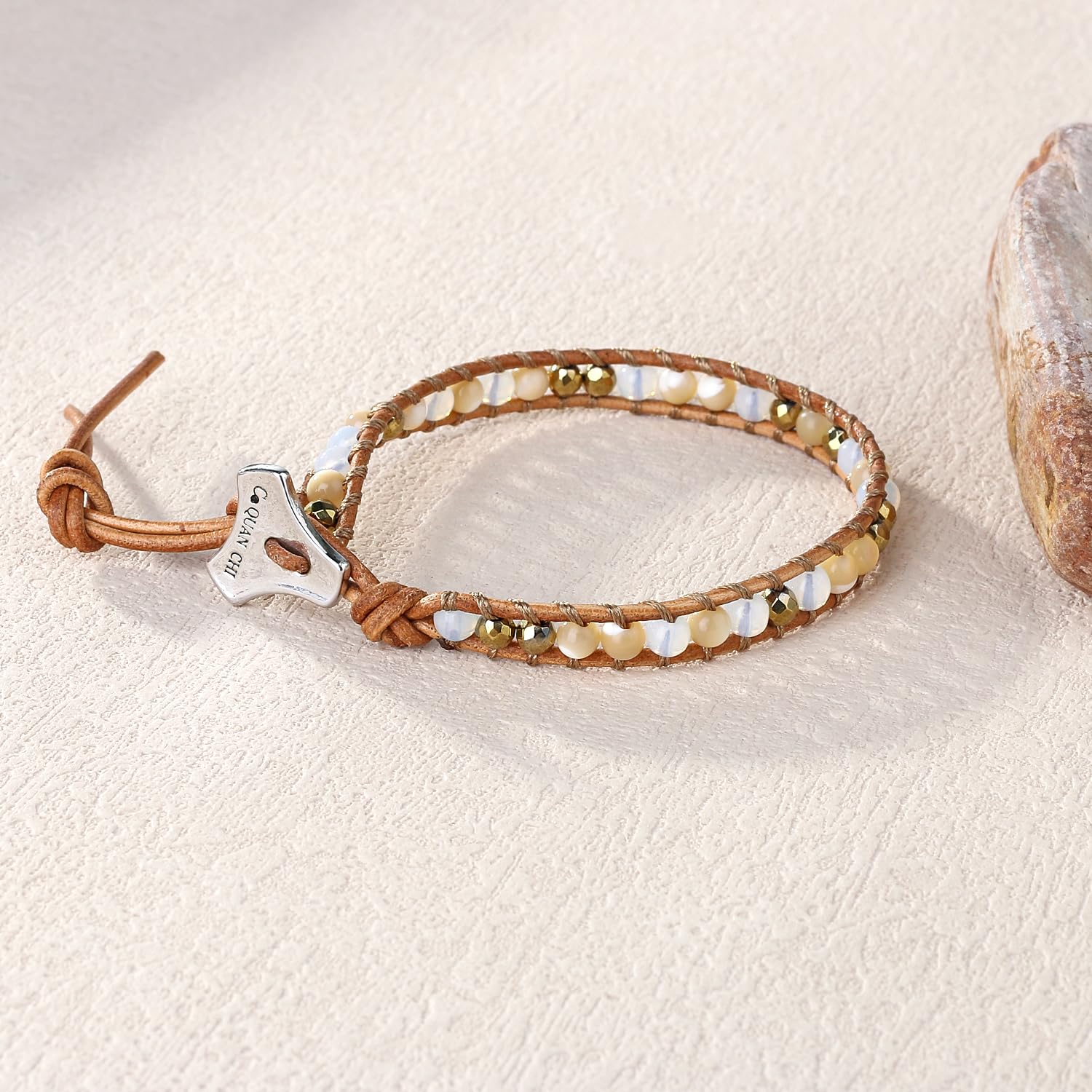Handmade Bohemian Leather Wrap Bracelet for Women - Mother of Pearl & Beaded Friendship Bracelet, Classic Khaki Jewelry Gift for Best Friends | Perfect for Casual Wear, Boho Outfits & Special Occasions