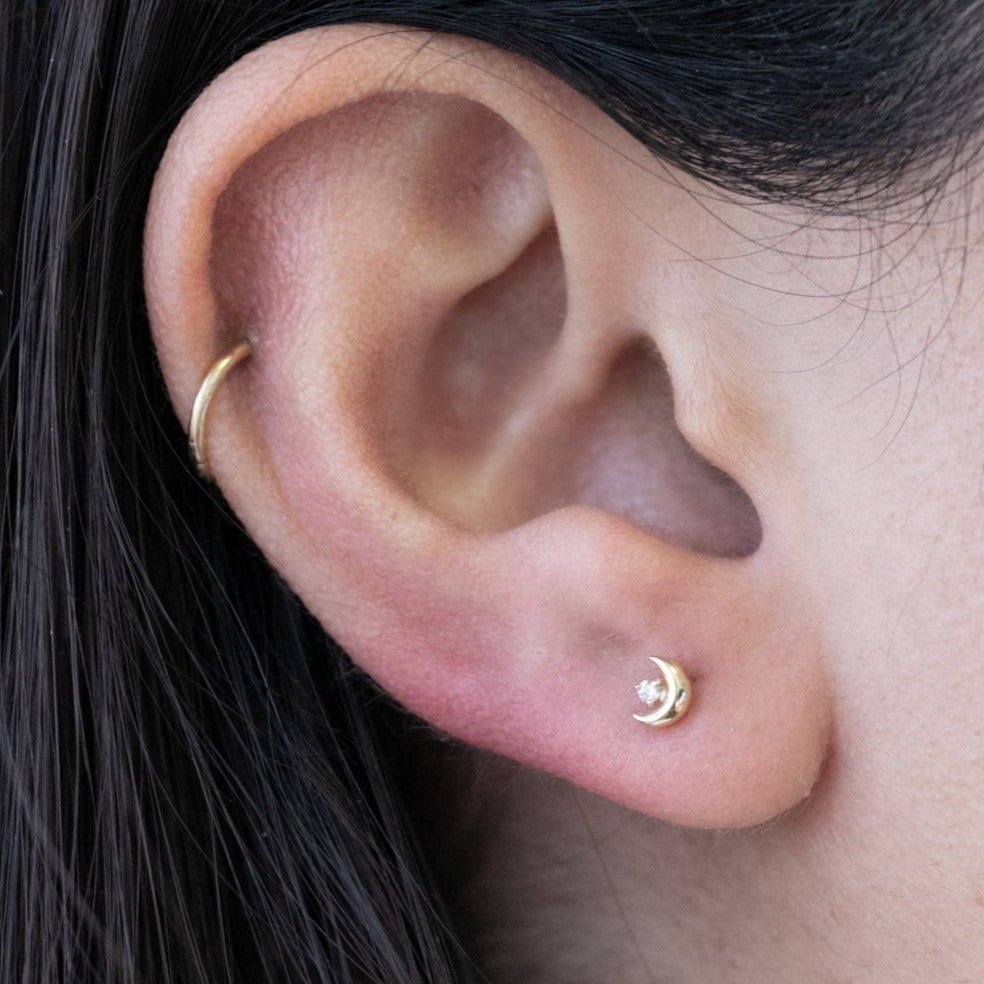 14K Yellow Gold Diamond Crescent Moon Flat Back Stud Earrings for Women - Perfect for Everyday Wear, Parties & Gifts