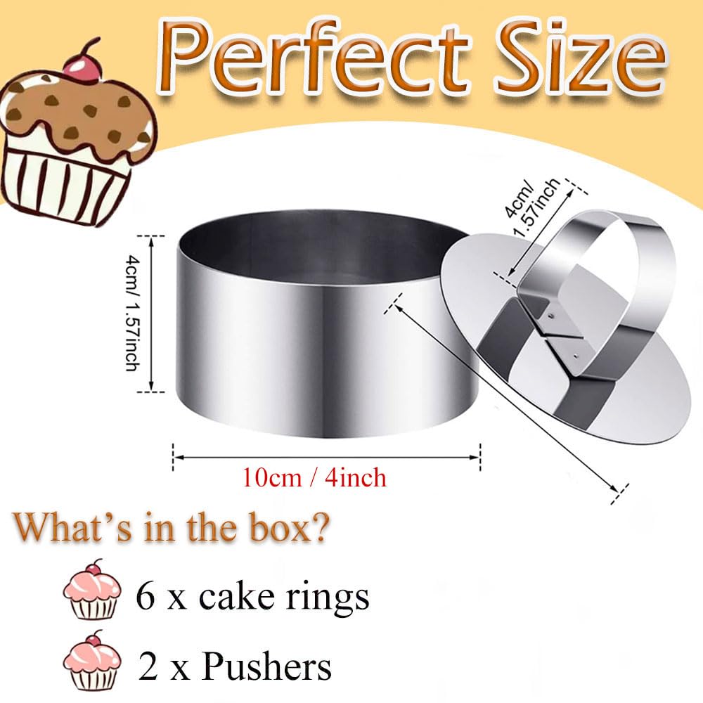 DATANYA 4 Inch Stainless Steel Cake Rings Mold Set - 6 Round Baking Molds & 2 Pushers for Pastry, Desserts, Mousse, Cheesecake - Perfect for Home Baking, Professional Chefs, and Cake Decorating