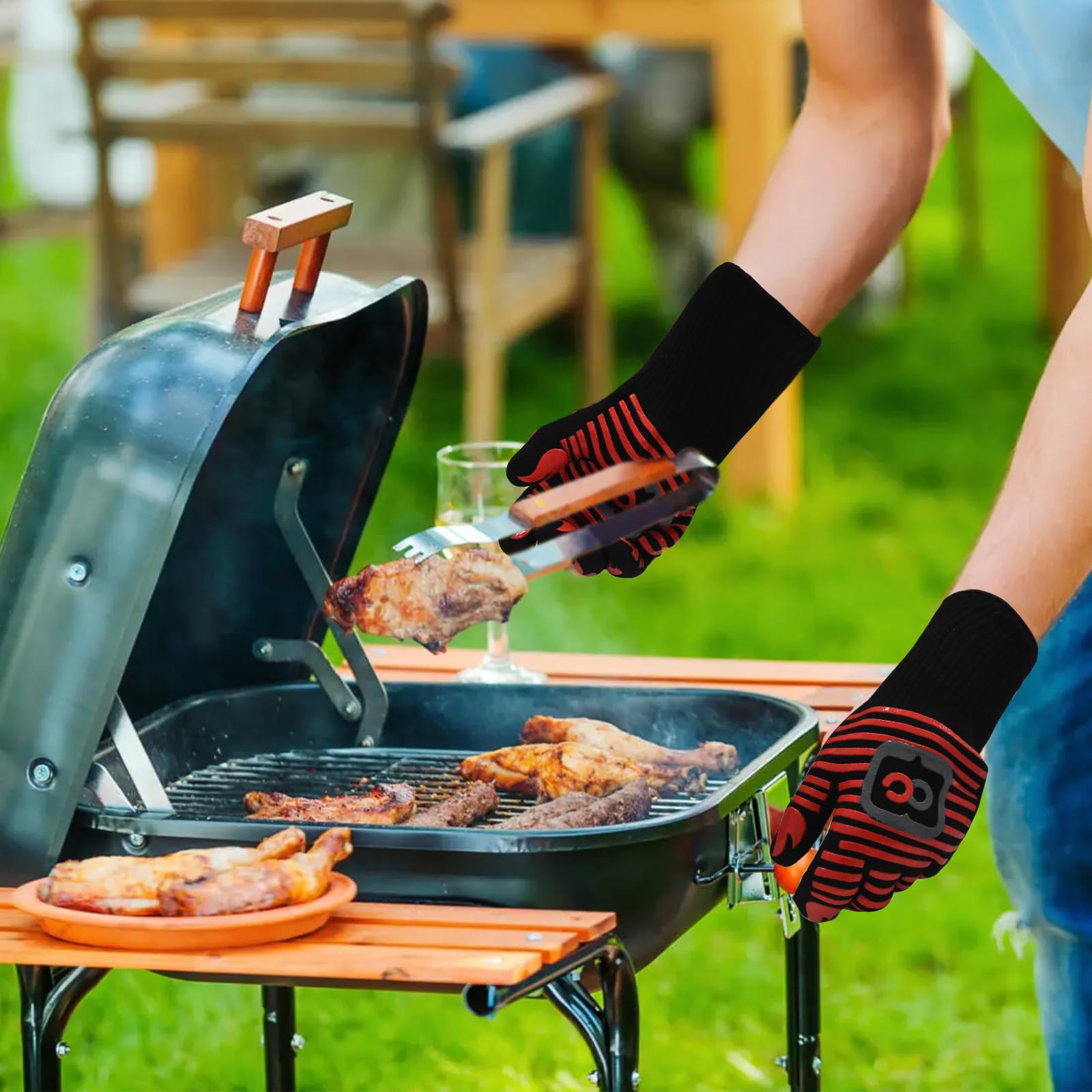 Heat Resistant BBQ Gloves - 1472°F High Temperature Grilling & Oven Gloves, Non-Slip Silicone Kitchen Gloves for Barbecue, Cooking, Baking, Meat Cutting - Perfect for Outdoor Grilling, Camping & Backyard Parties (Red)
