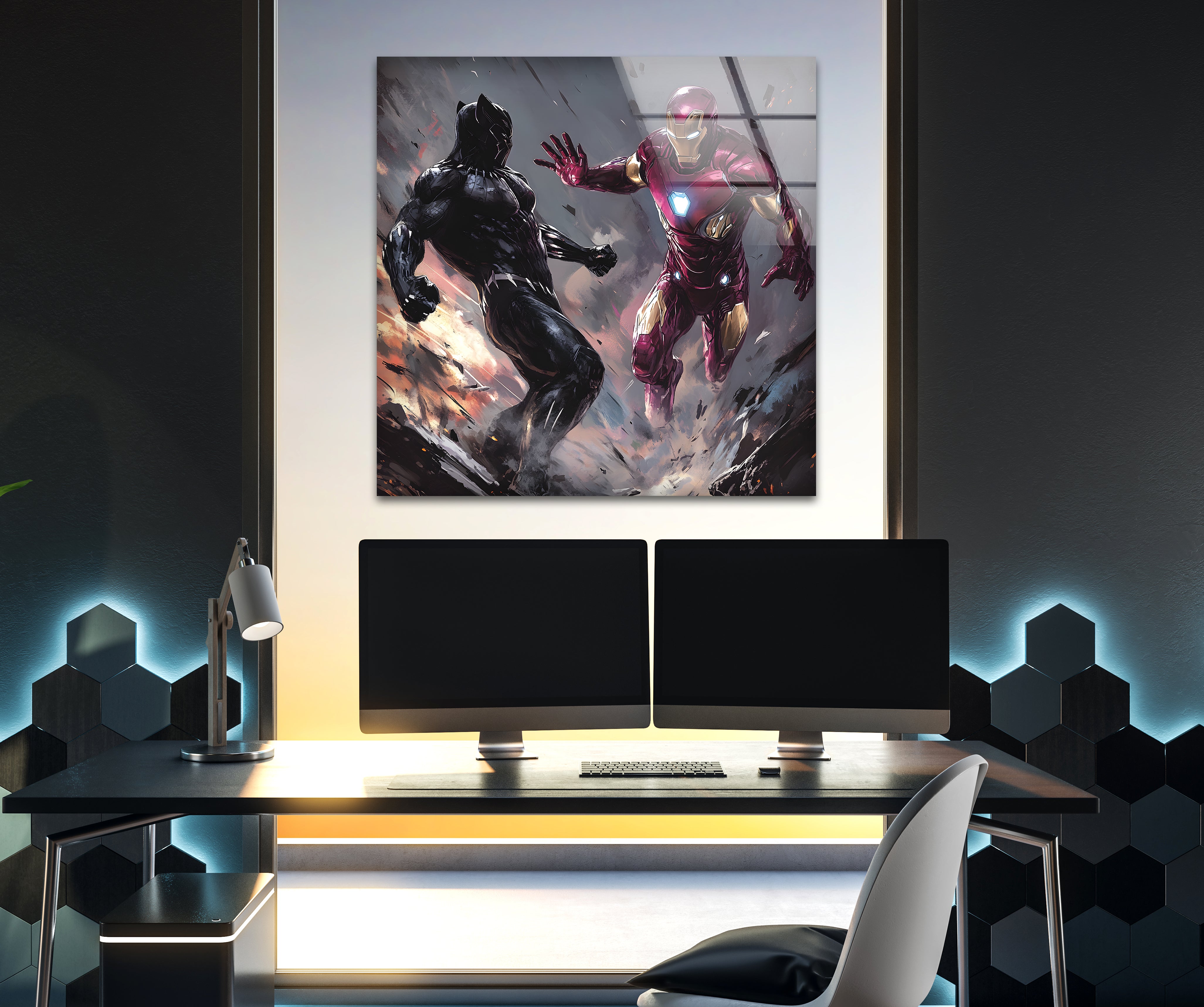 Black Panther and Iron Man Glass Wall Art - Marvel Superheroes Decor for Living Room, Bedroom, or Office