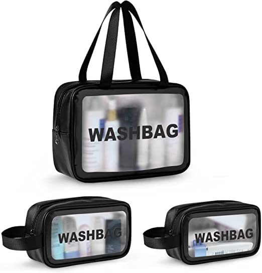 ARAA PAVA 3-Piece Waterproof Travel Toiletry Bag Set for Women & Men - Clear Cosmetic Makeup Organizer with 3 Sizes (Black) - Perfect for Airplane, Gym, Camping & Vacation Essentials Storage