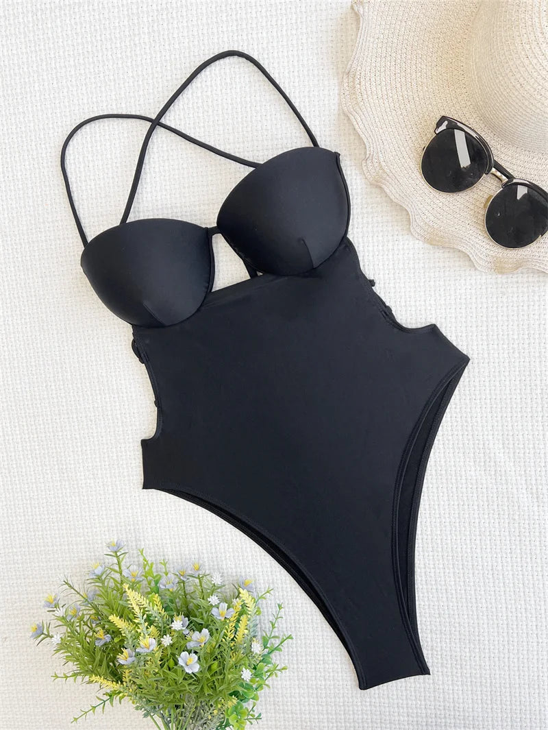 2025 Black One Piece Swimsuit for Women - Sexy Halter High Waist Monokini with Push Up & Backless Design | Perfect for Beach Vacations, Pool Parties & Summer Getaways