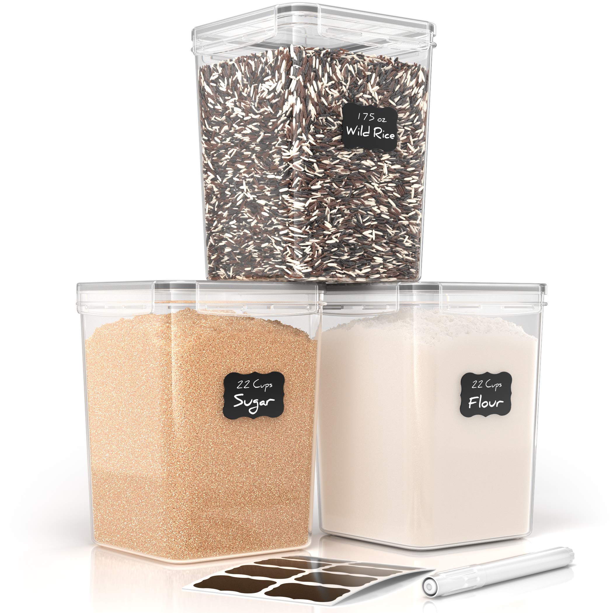 Simply Gourmet Airtight Food Storage Containers Set of 3 - Flour & Sugar Canisters for Pantry Organization - Includes Marker & Labels - Perfect for Baking, Meal Prep & Kitchen Storage
