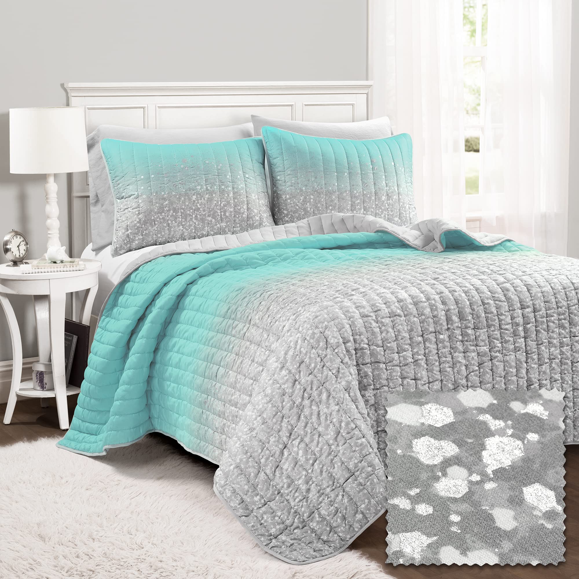 Lush Decor Glitter Ombre Comforter Set - Twin, Aqua Gray for Bedroom Decor