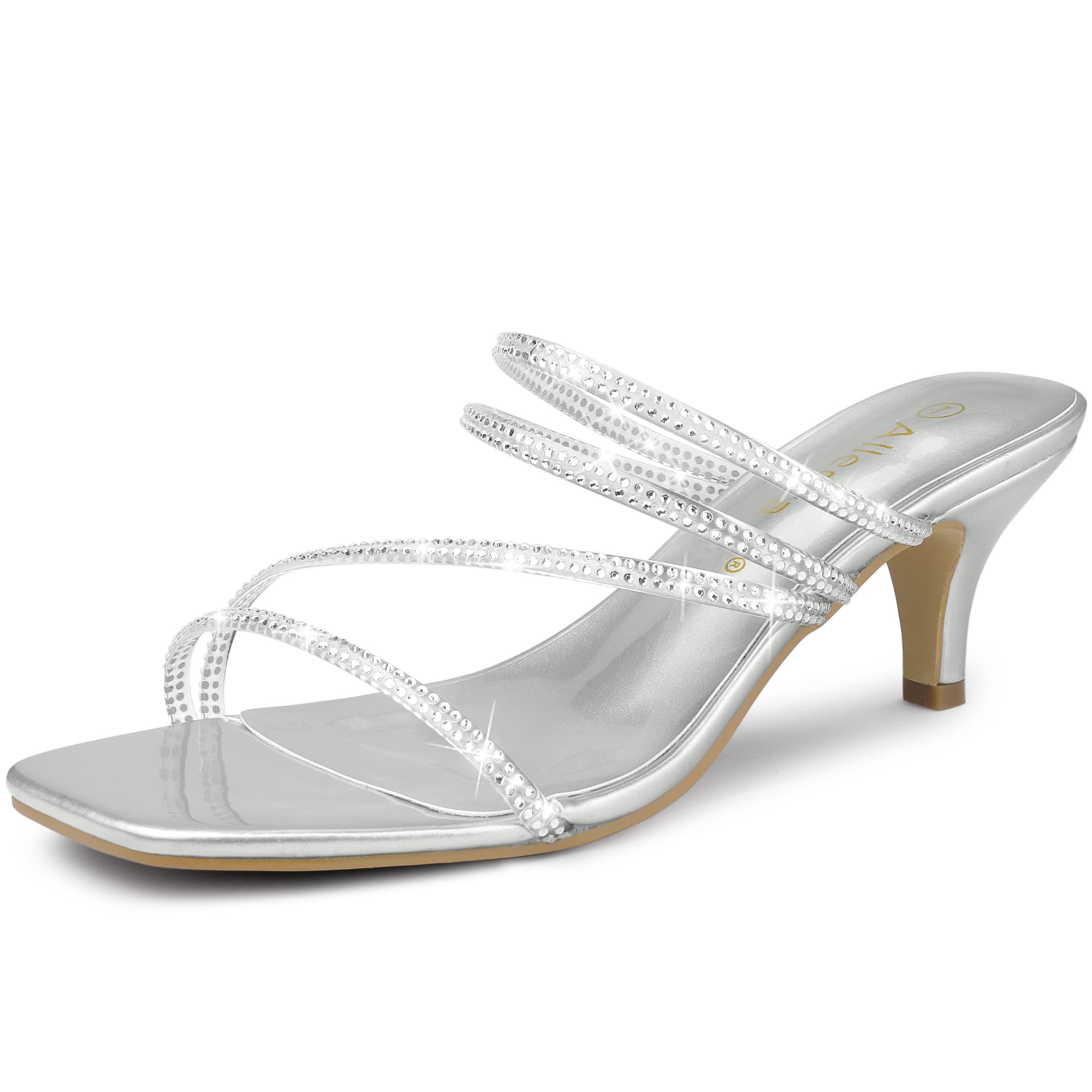 Allegra K Women's Rhinestone Strappy Kitten Heel Slide Sandals - Elegant Dressy Summer Shoes for Weddings, Parties & Date Nights