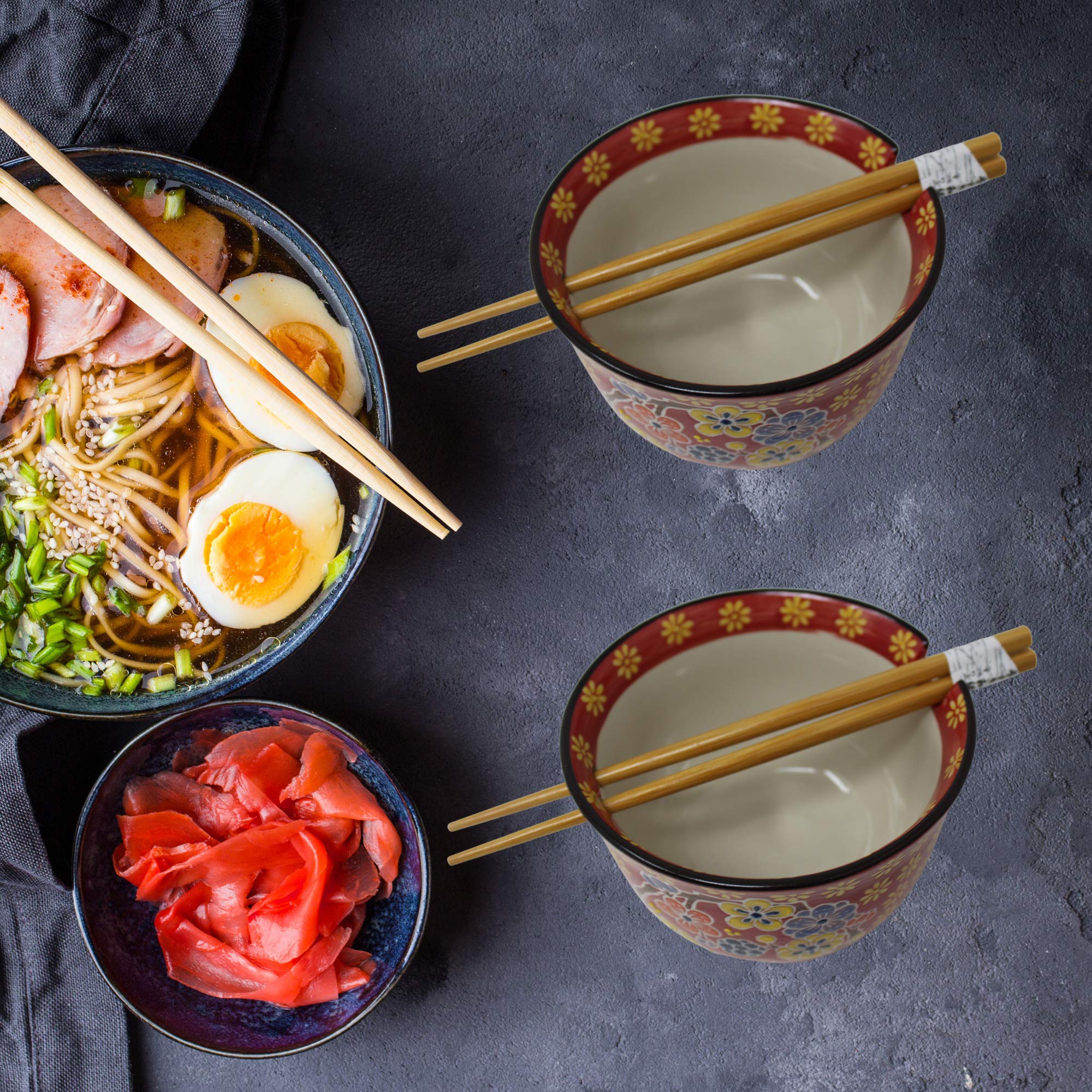 Needzo Red Floral Bowl with Chopsticks Holder & Wooden Chopsticks Set - 5 x 4 Inch Asian Soup Bowl for Ramen, Pho, Noodles | Perfect for Home Dining, Japanese Restaurants & Gift Giving