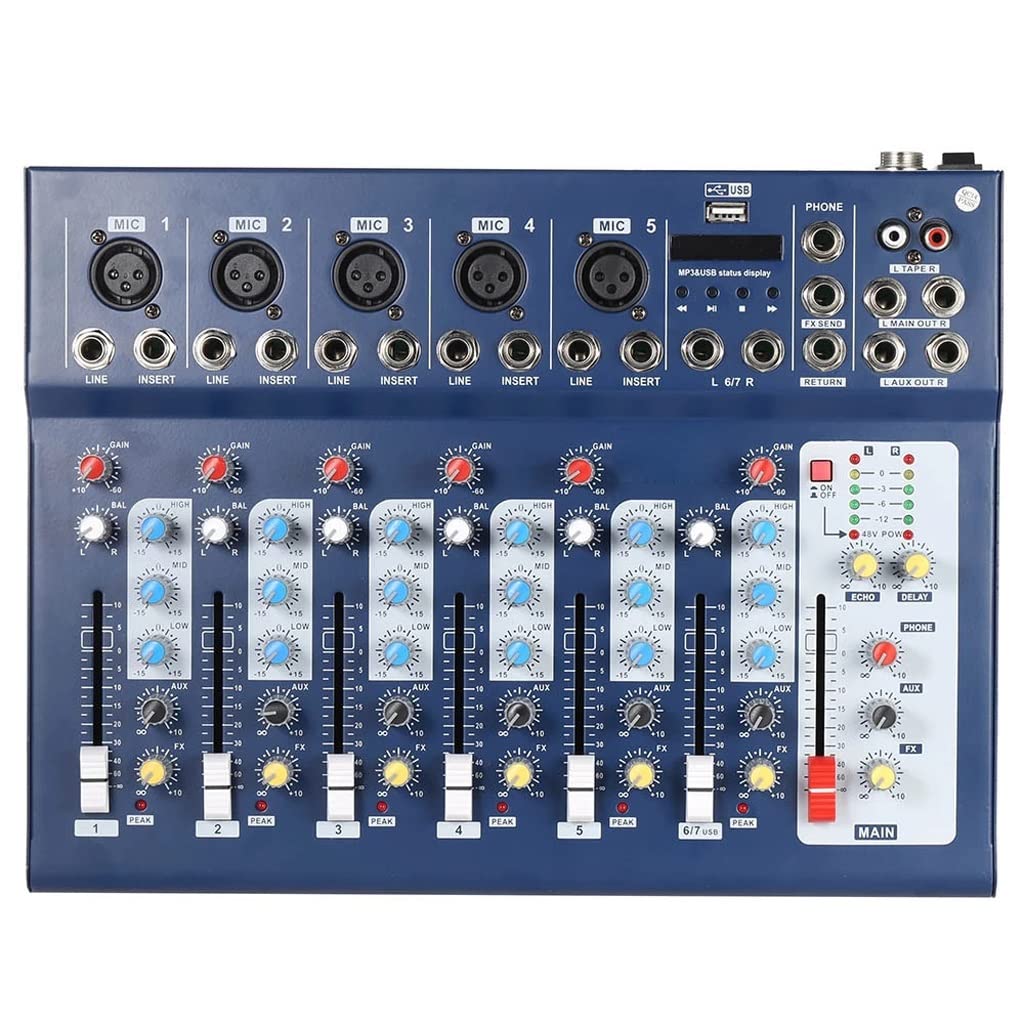 Professional XWWDP F7-USB 7-Channel Audio Mixer with USB Input, 48V Phantom Power & 3-Band EQ - Perfect for Podcasting, Live Streaming, and Home Studio Recording