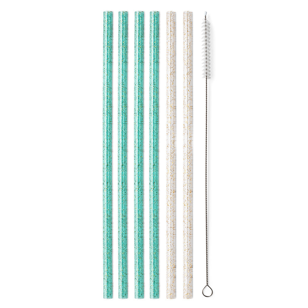 Eco-Friendly Glitter Clear & Aqua Reusable Straw Set - BPA Free, Dishwasher Safe Drinking Straws for Smoothies, Cocktails, and Iced Coffee at Home or Parties